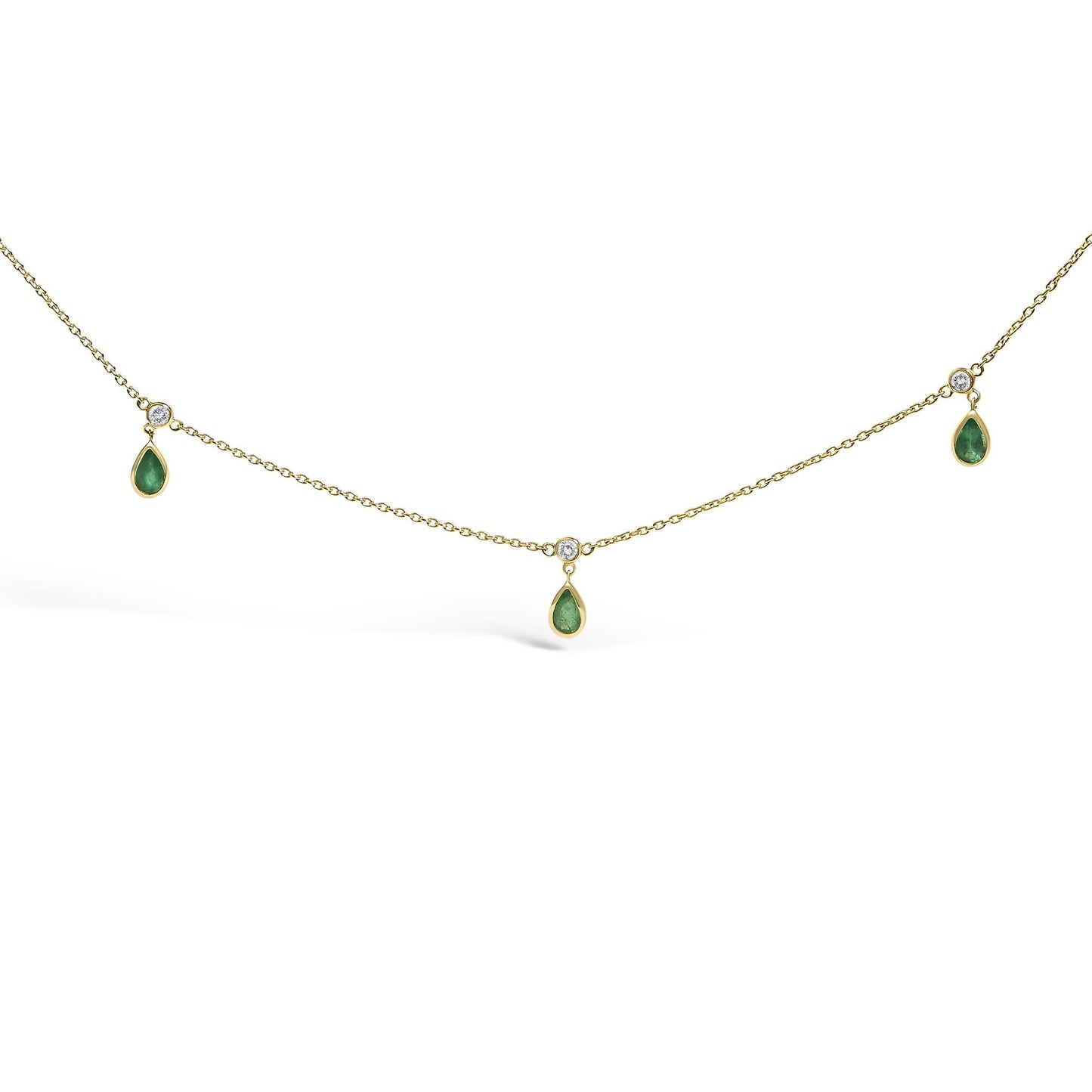 10K Yellow Gold Dangling 5x3 mm Green Emerald and Diamond Station Necklace - 18" Inches