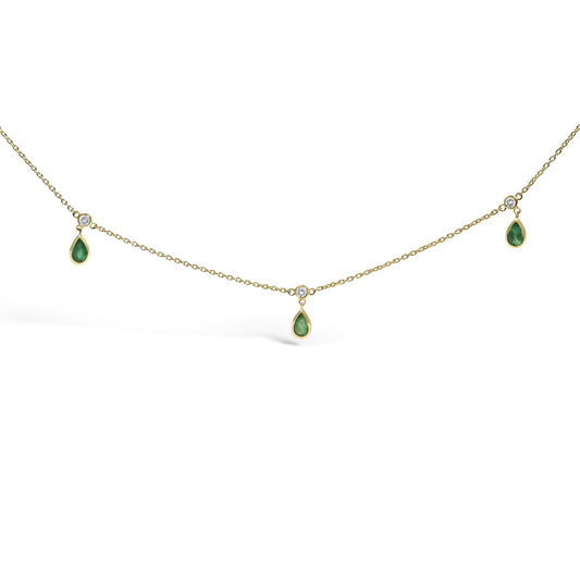 10K Yellow Gold Dangling 5x3 mm Green Emerald and Diamond Station Necklace - 18" Inches