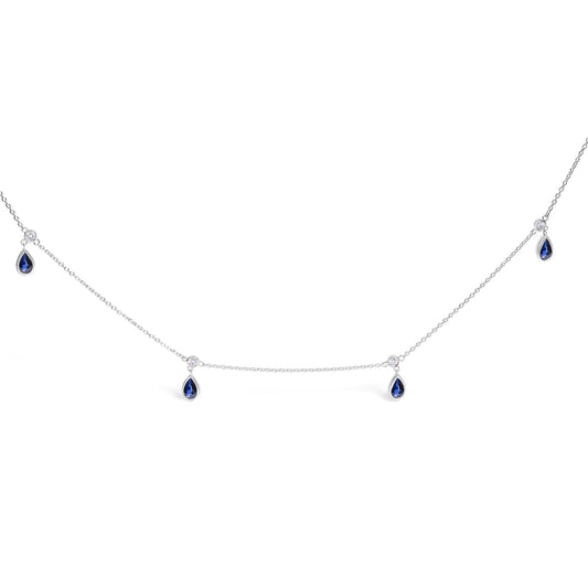 10K White Gold Dangling 5x3 mm Pear Blue Sapphire and Diamond Station Necklace - 18" Inches