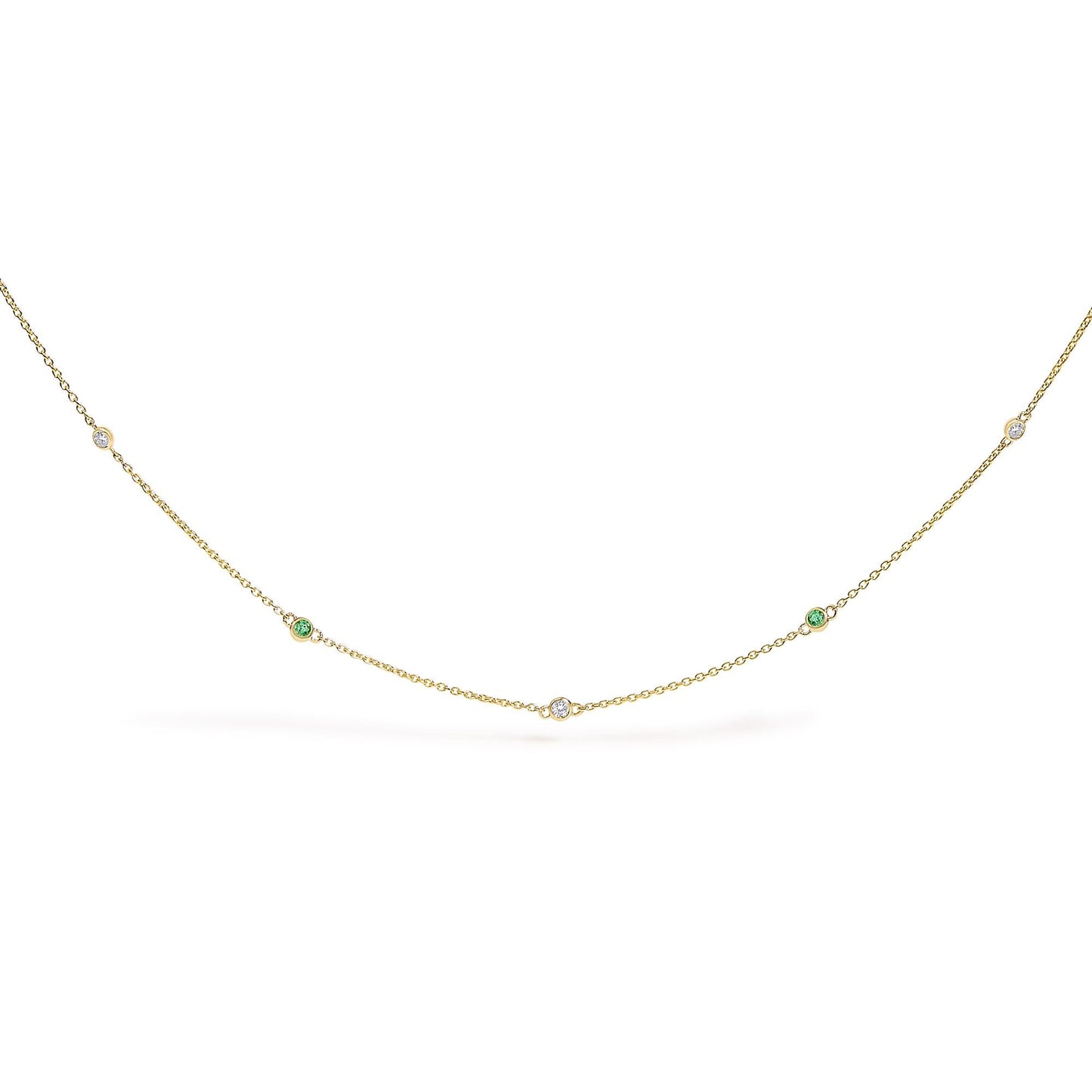 14K Yellow Gold Bezel Set Alternating Green Emerald and Diamond Station Necklace - 18" Inches