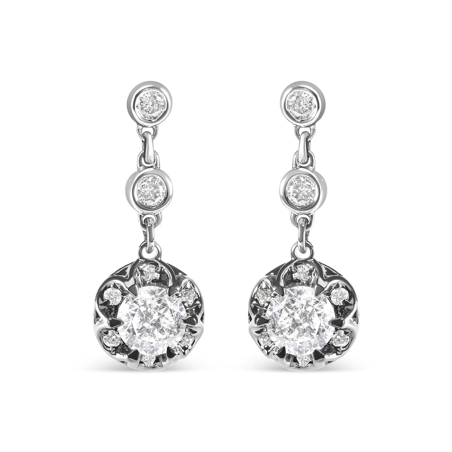 14k White Gold 5/8 Cttw Diamond Halo Drop and Dangle Earrings Stud with Bale (I-J Color, I1-I2 Clarity)