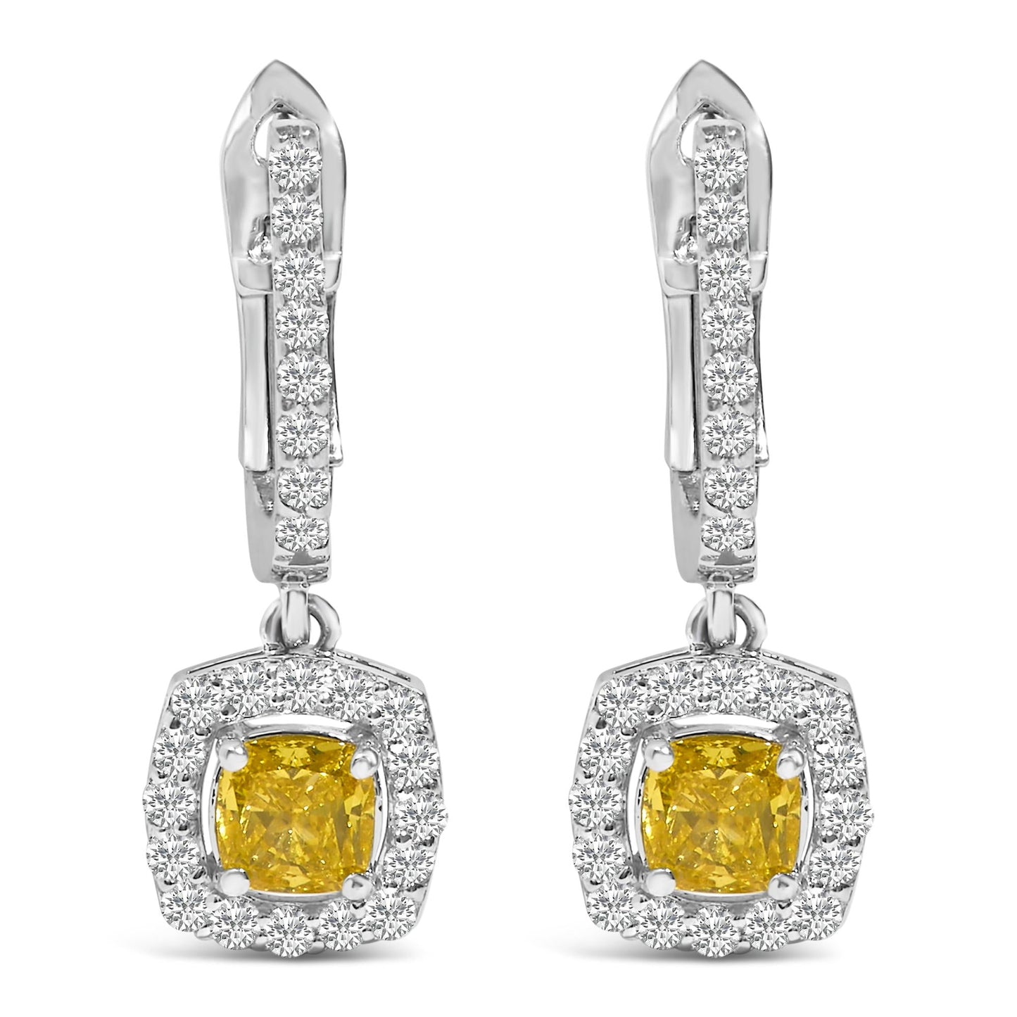 14K White Gold 1 1/5 Cttw Yellow Lab Grown Diamond Halo Drop and Dangle Earrings