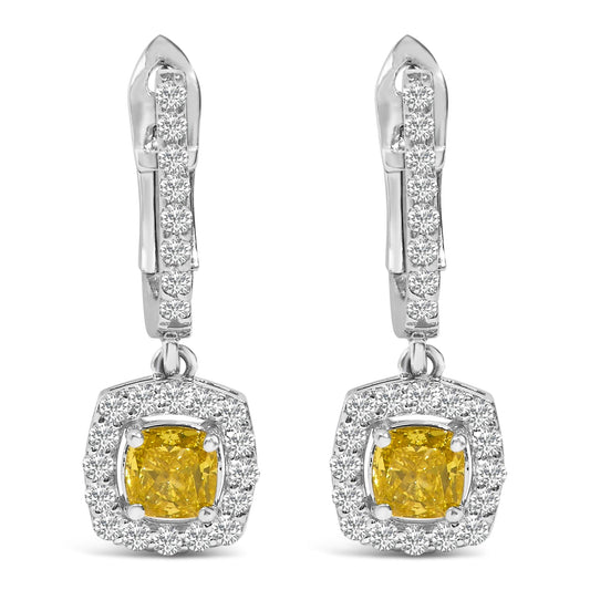 14K White Gold 1 1/5 Cttw Yellow Lab Grown Diamond Halo Drop and Dangle Earrings