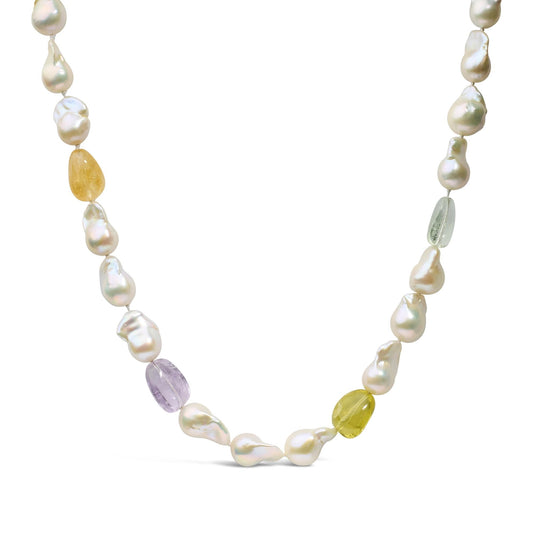 14K Yellow Gold Citrine, Amethyst, and Baroque Pearl Strand Necklace - 18" Inches