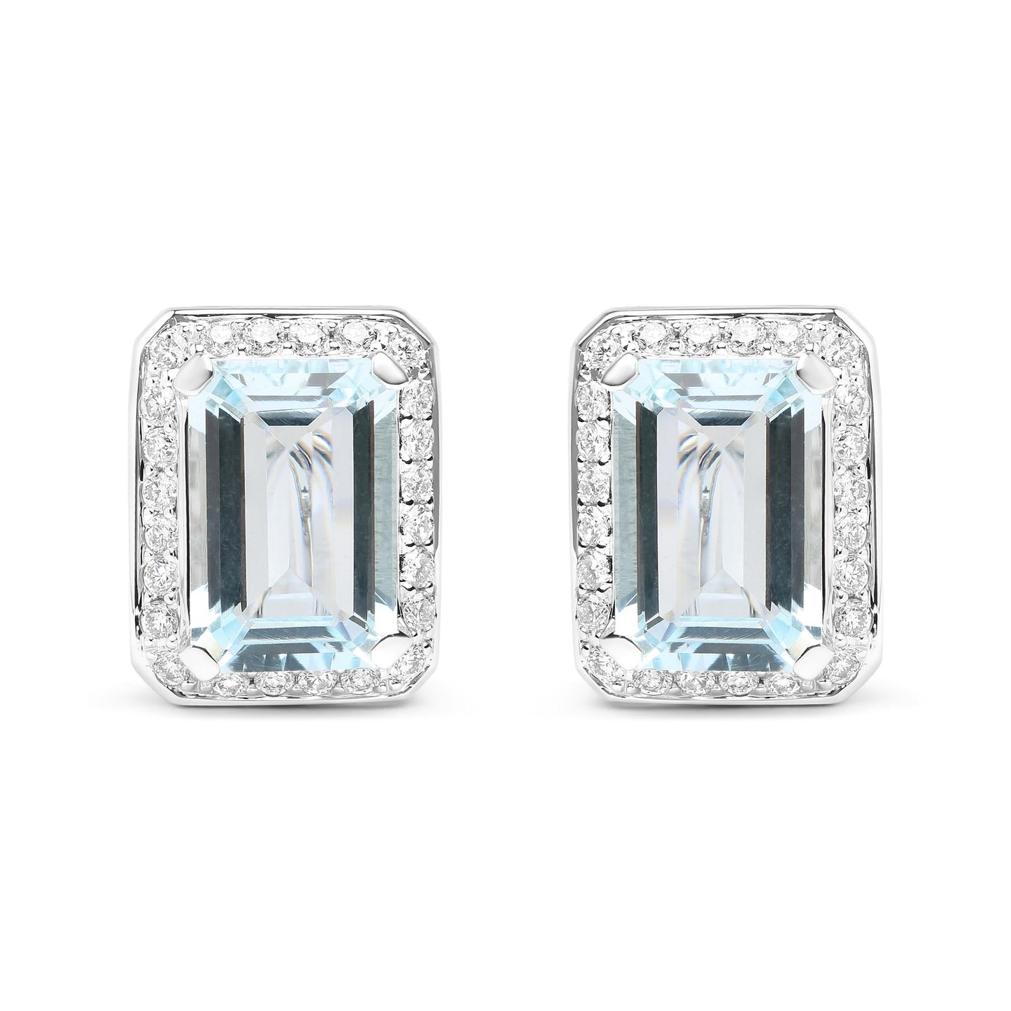 18K White Gold 3/4 Cttw Round Diamond and 13x9mm Emerald Cut Blue Aquamarine Gemstone Halo Omega Stud Earrings (G-H Color, SI1-SI2 Clarity)