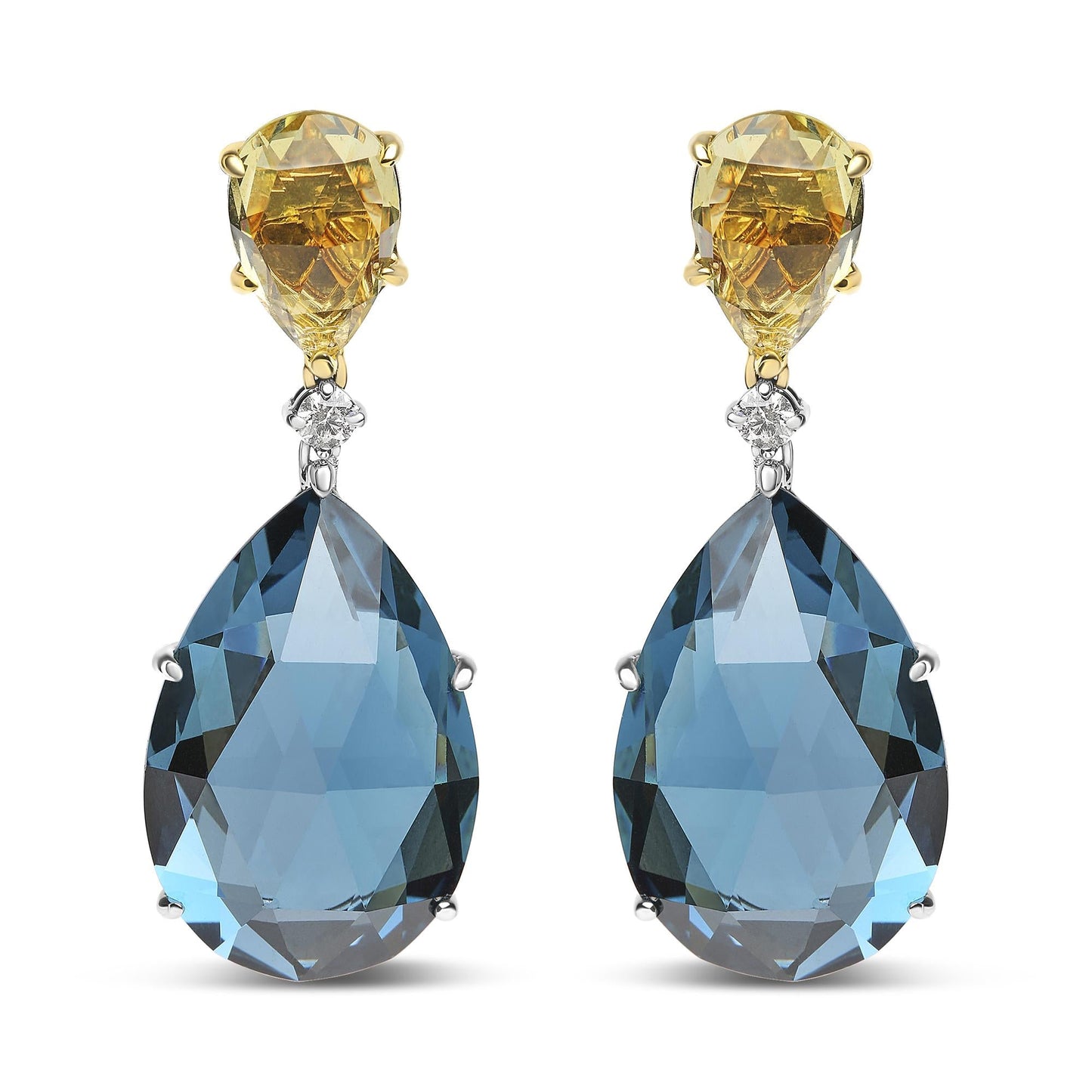 18K White and Yellow Gold 1/5 Cttw Diamond with Pear Cut Lemon Quartz and Pear Cut London Blue Topaz Gemstone Dangle Earring (G-H Color, SI1-SI2 Clarity)