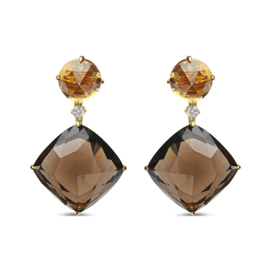 18K Yellow Gold 1/5 Cttw Diamond with Round Yellow Citrine and 25mm Cushion Cut Smoky Quartz Gemstone Dangle Earring (G-H Color, SI1-SI2 Clarity)