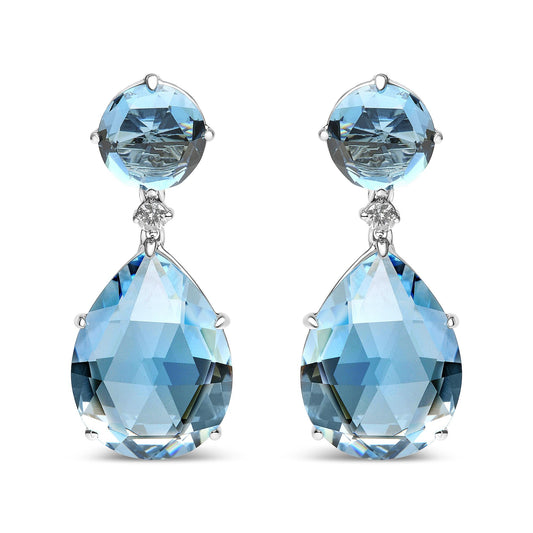 18K White Gold 1/5 Cttw Diamond with Round London Blue Topaz and 20 x 15mm Pear Cut Sky Blue Topaz Gemstone Dangle Earring (G-H Color, SI1-SI2 Clarity)