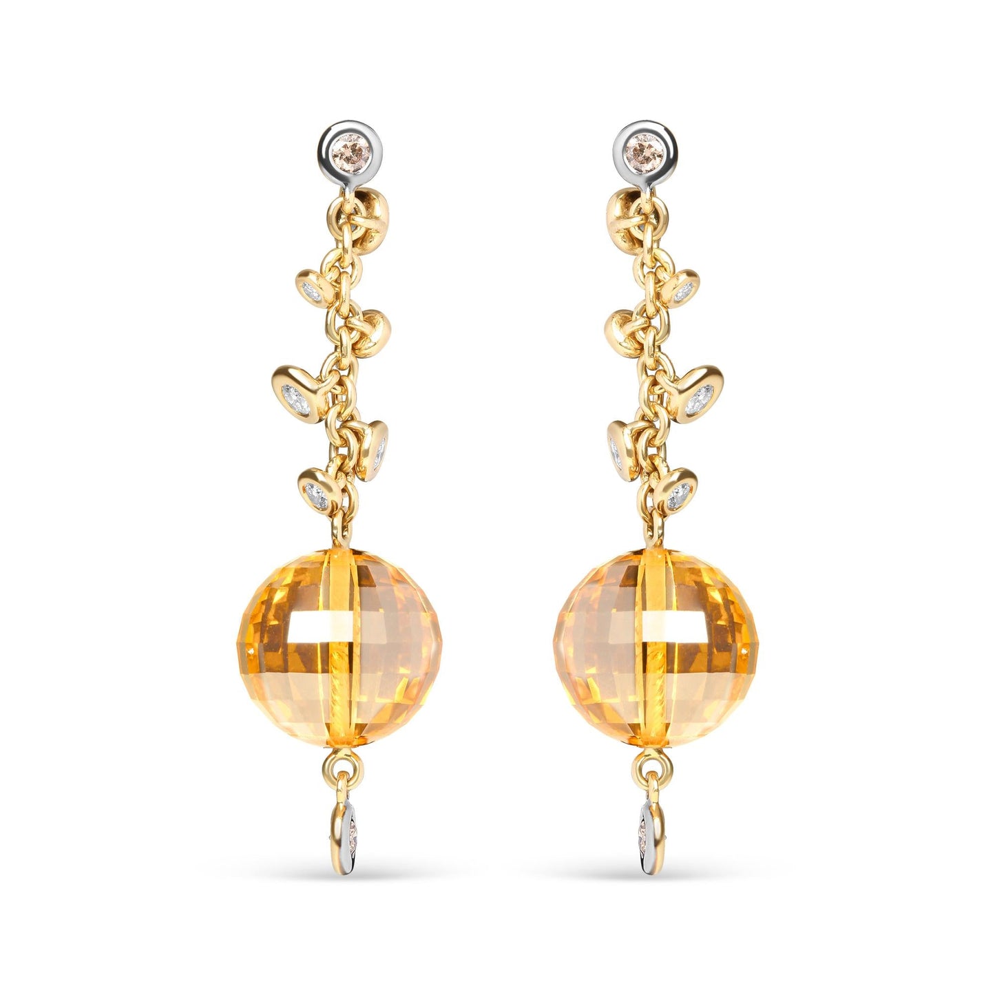 18K Yellow Gold 2/3 Cttw Round Bezel Diamond and 25mm Ball Shaped Yellow Citrine Gemstone Dangle Stud Earring (Brown and G-H Color, SI1-SI2 Clarity)