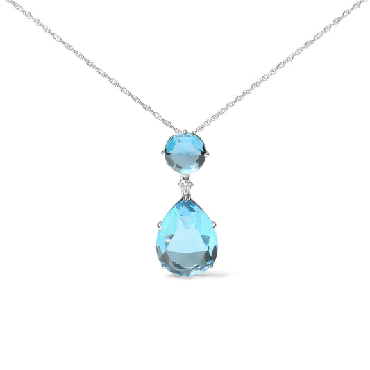 18K White Gold Diamond Accent and Round London Blue Topaz and Pear Cut Sky Blue Topaz Dangle Drop 18" Pendant Necklace (G-H Color, SI1-SI2 Clarity)
