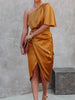 One-Shoulder Satin Wrap Dress with Side Slit