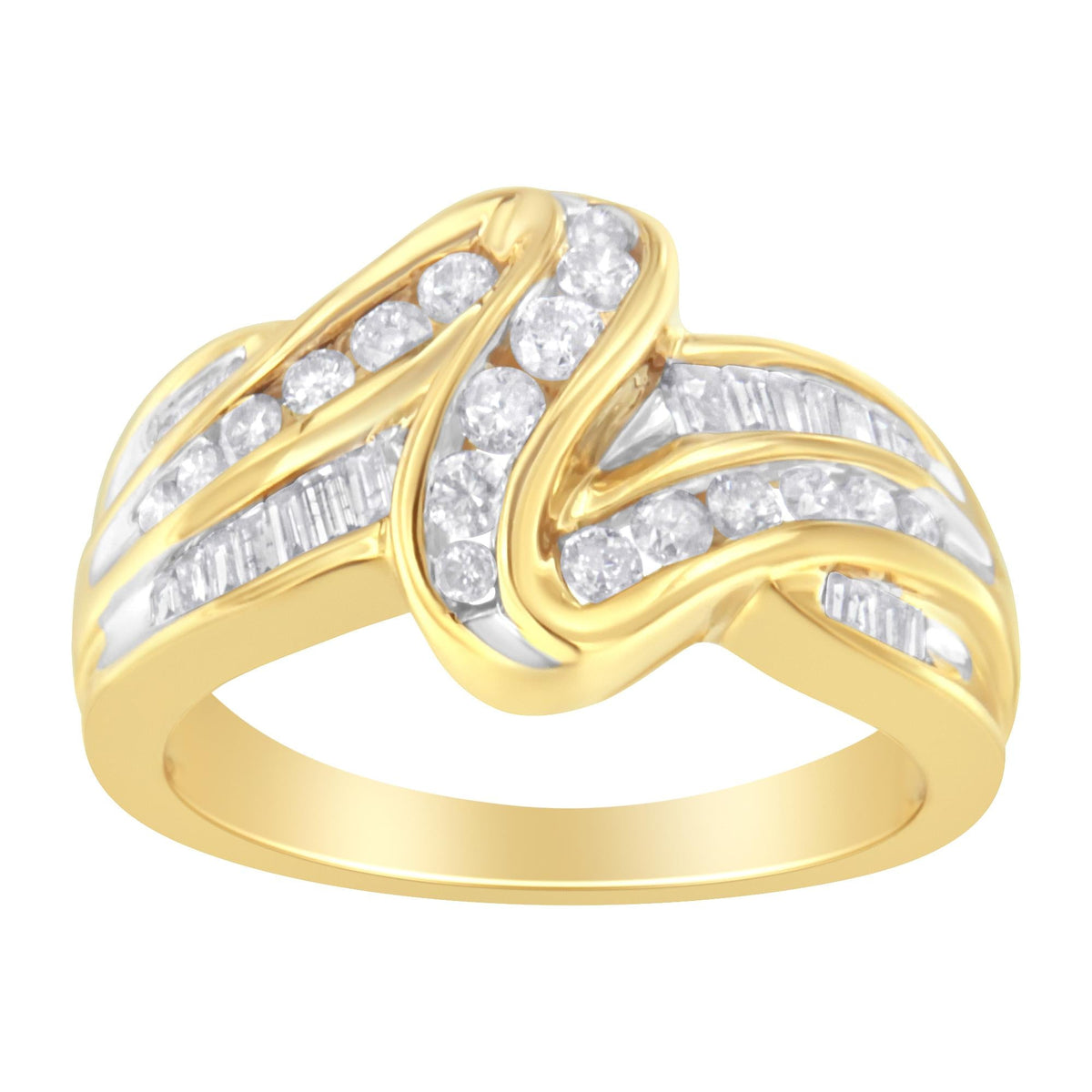 10K Yellow Gold 3/4 Cttw Channel Set Round and Baguette-cut Diamond Double Shank Bypass Ring (J-K Color, I1-I2 Clarity) - JackiEaslick