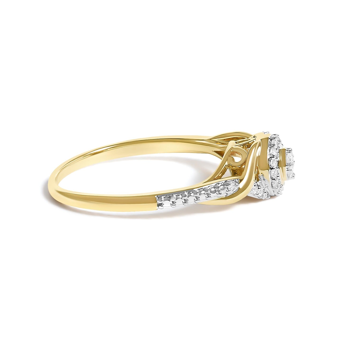 10K Yellow Gold 1/10 Cttw Diamond Swirl and Halo Promise Ring