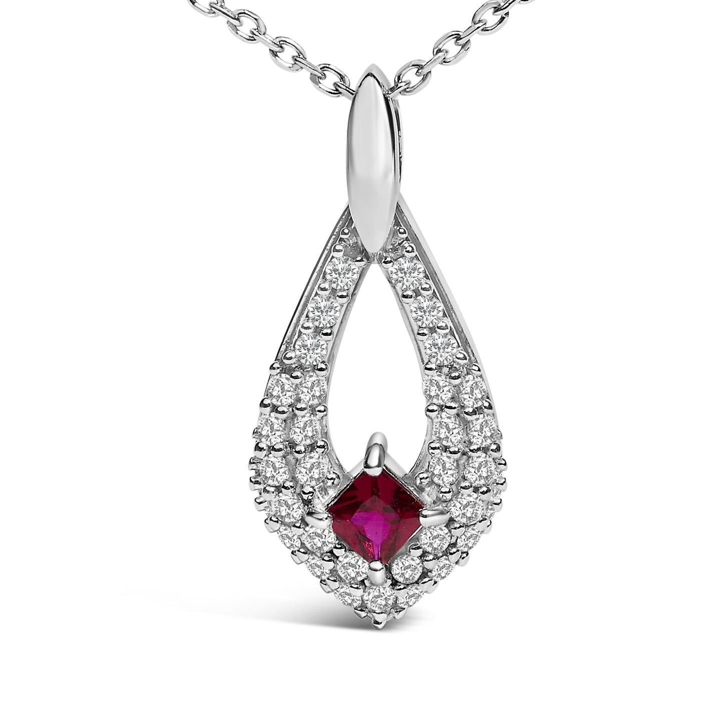 .925 Sterling Silver Created Red Ruby and White Sapphire Pear Shaped Pendant Necklace - 18" Inches