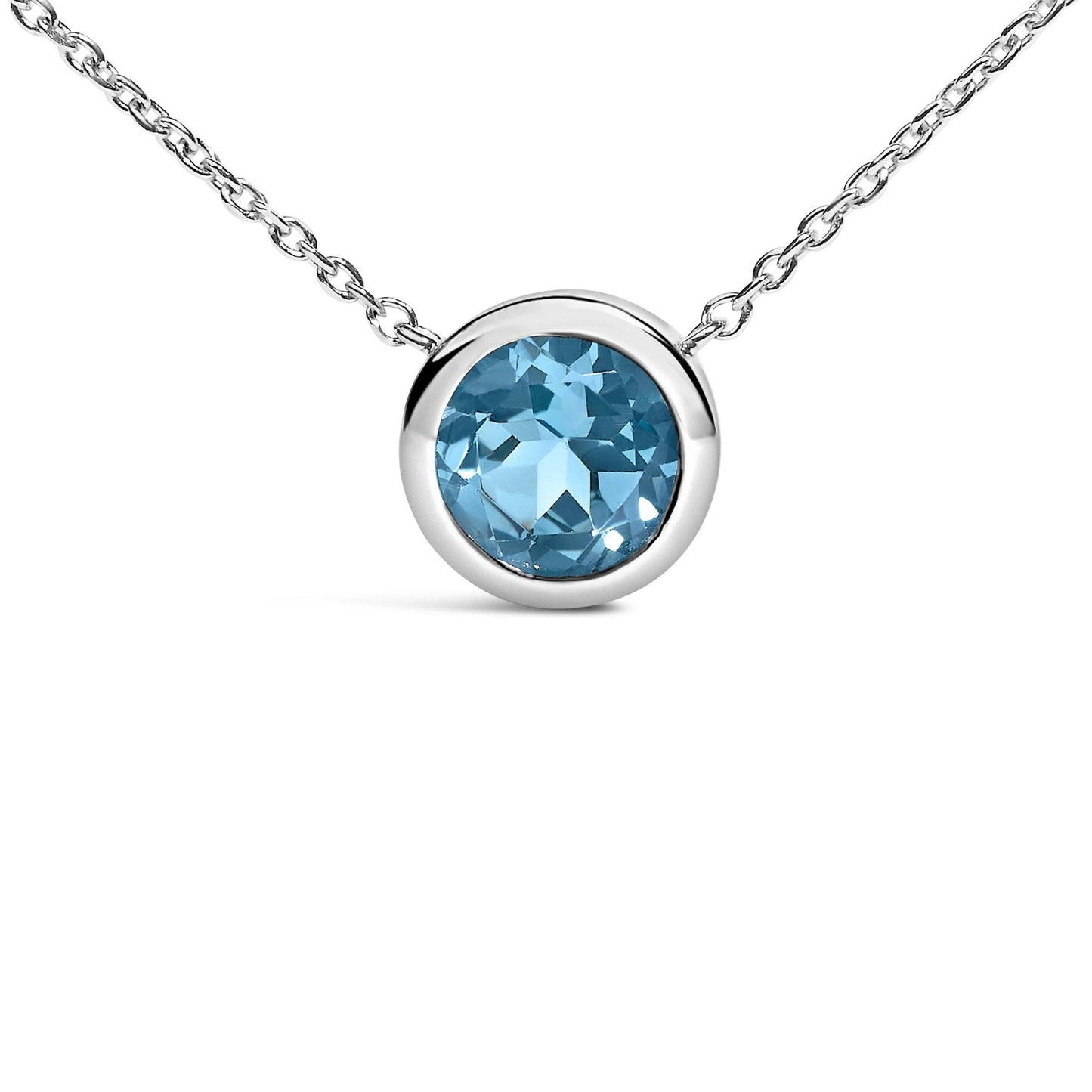 .925 Sterling Silver 7MM Bezel Set Created Gemstone Pendant Necklace - 18" Inches