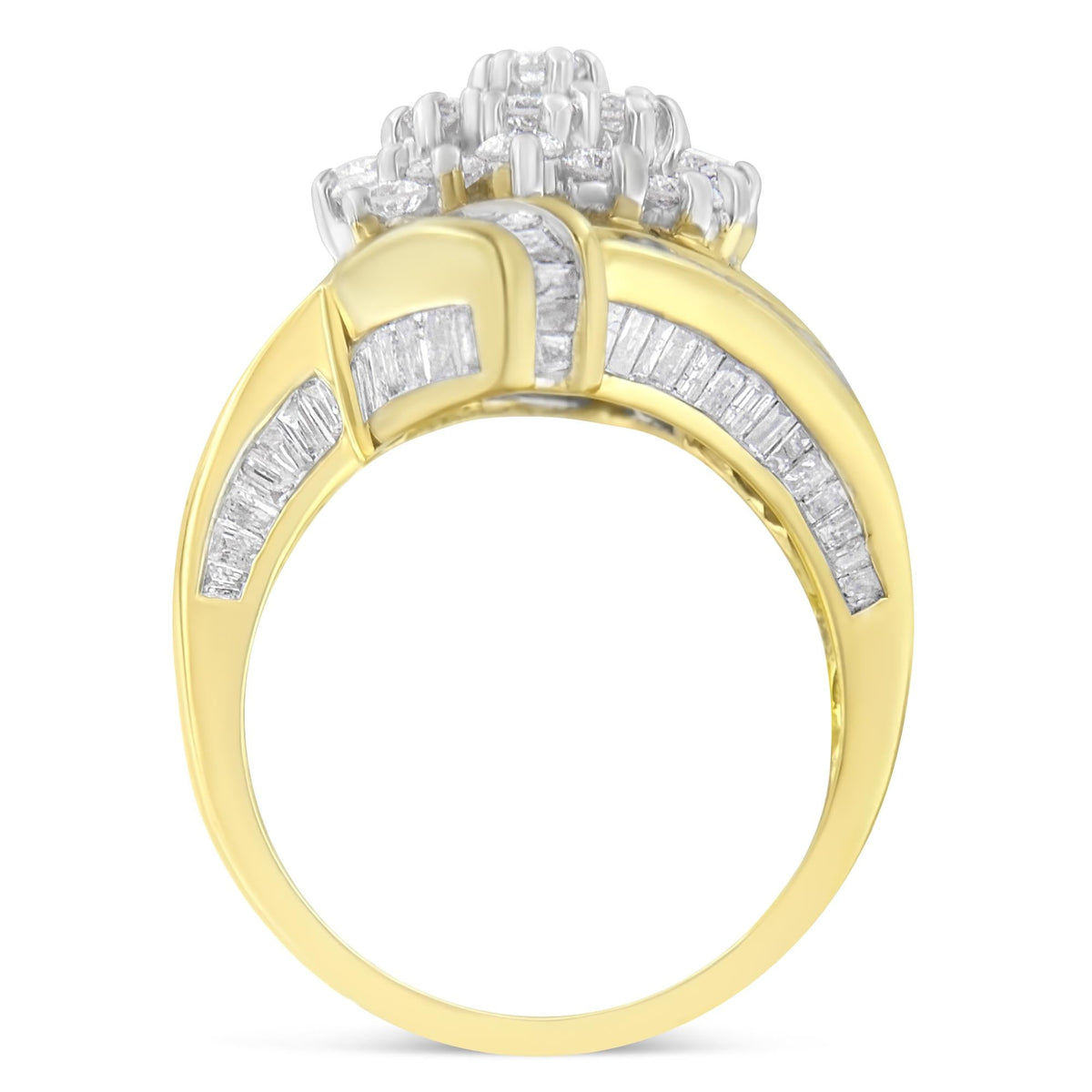 10K Yellow Gold Round and Baguette Diamond Crossover Cluster Ring (3 Cttw, I-J Color, I1-I2 Clarity) - JackiEaslick