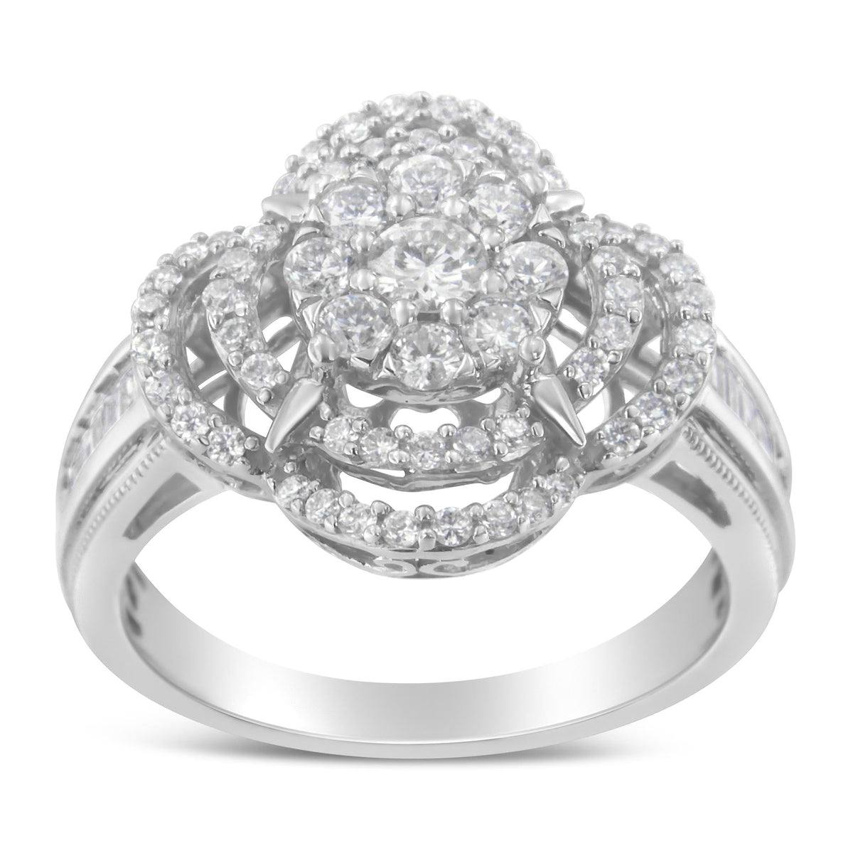 14K White Gold 1.0 Cttw Round & Baguette Cut Diamond Floral Cluster Quatrefoil Channel Set Band Cocktail Statement Ring (H-I Color, SI2-I1 Clarity) - JackiEaslick