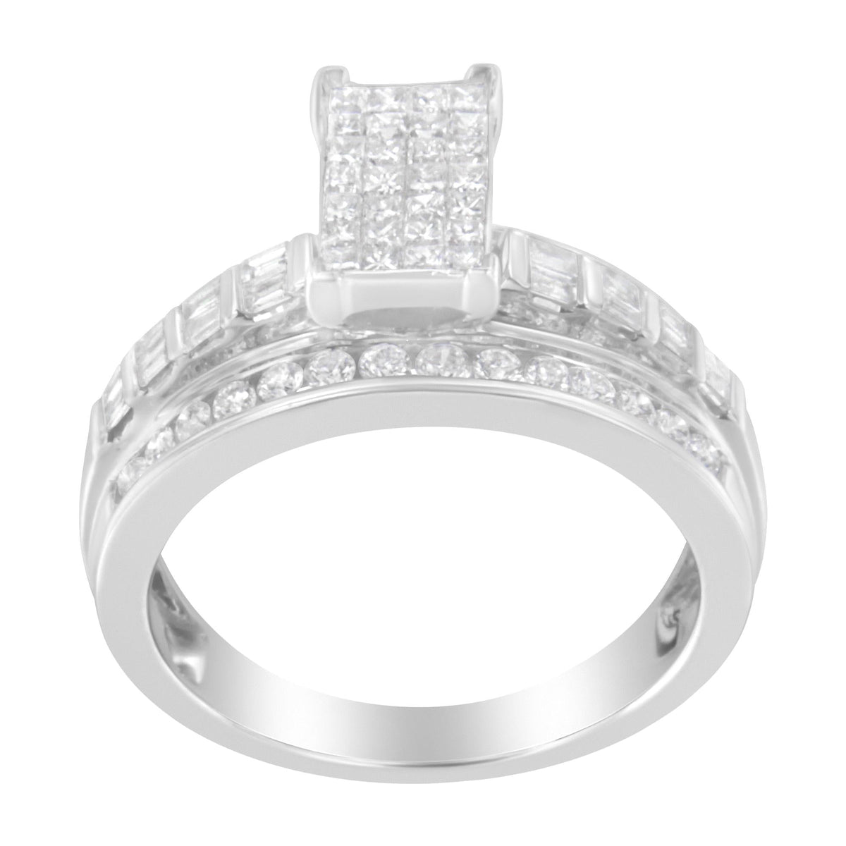 14K White Gold 1.0 Cttw Mixed-Cut Diamond Rectangle Invisible-Set Composite Cluster Ring with Bar- and Channel-Set Band (H-I Color, SI2-I1 Clarity) - JackiEaslick