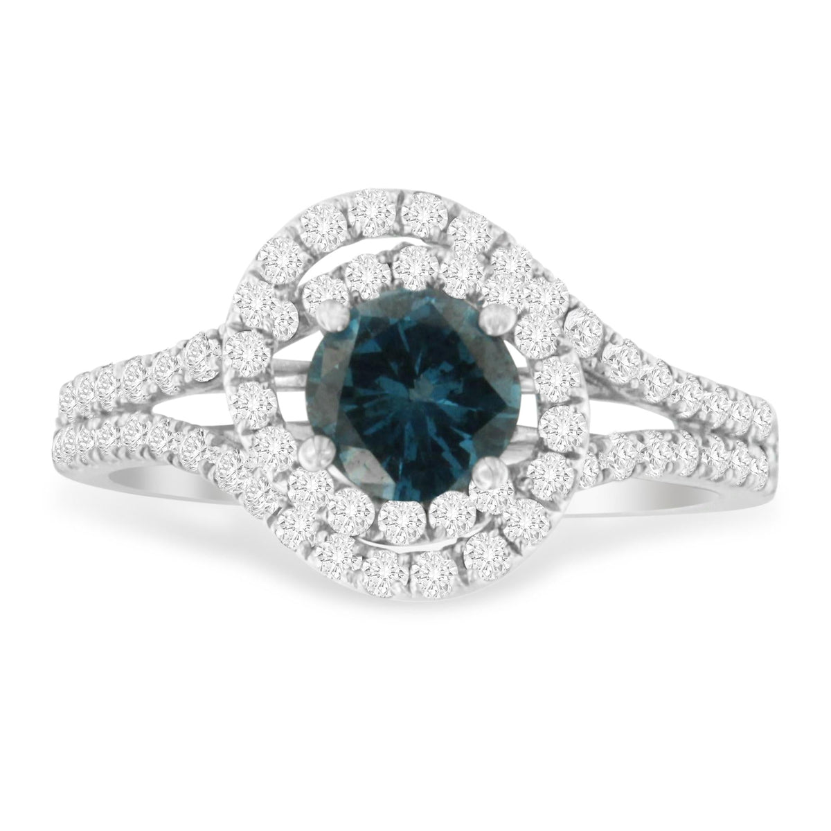 14K White Gold 1-1/3 Cttw White & Blue Diamond Interweaving Double Halo Cocktail Statement Ring (G-H and Fancy Blue Color, SI2-I1 Clarity) - JackiEaslick