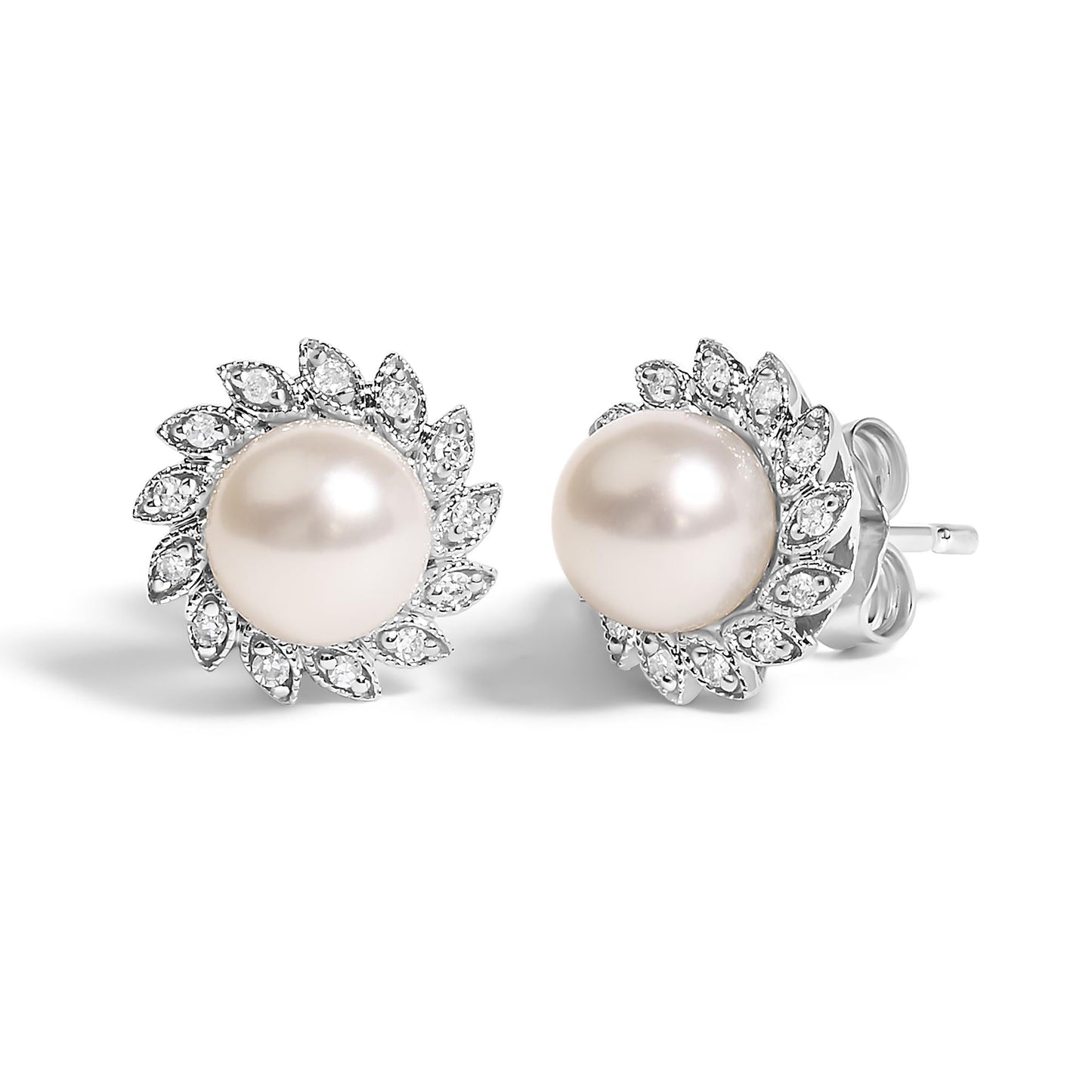 10K White Gold Heirloom-Style Pearl and Diamond Accent Halo Stud Earrings (I-J color, I1-I2 Clarity)