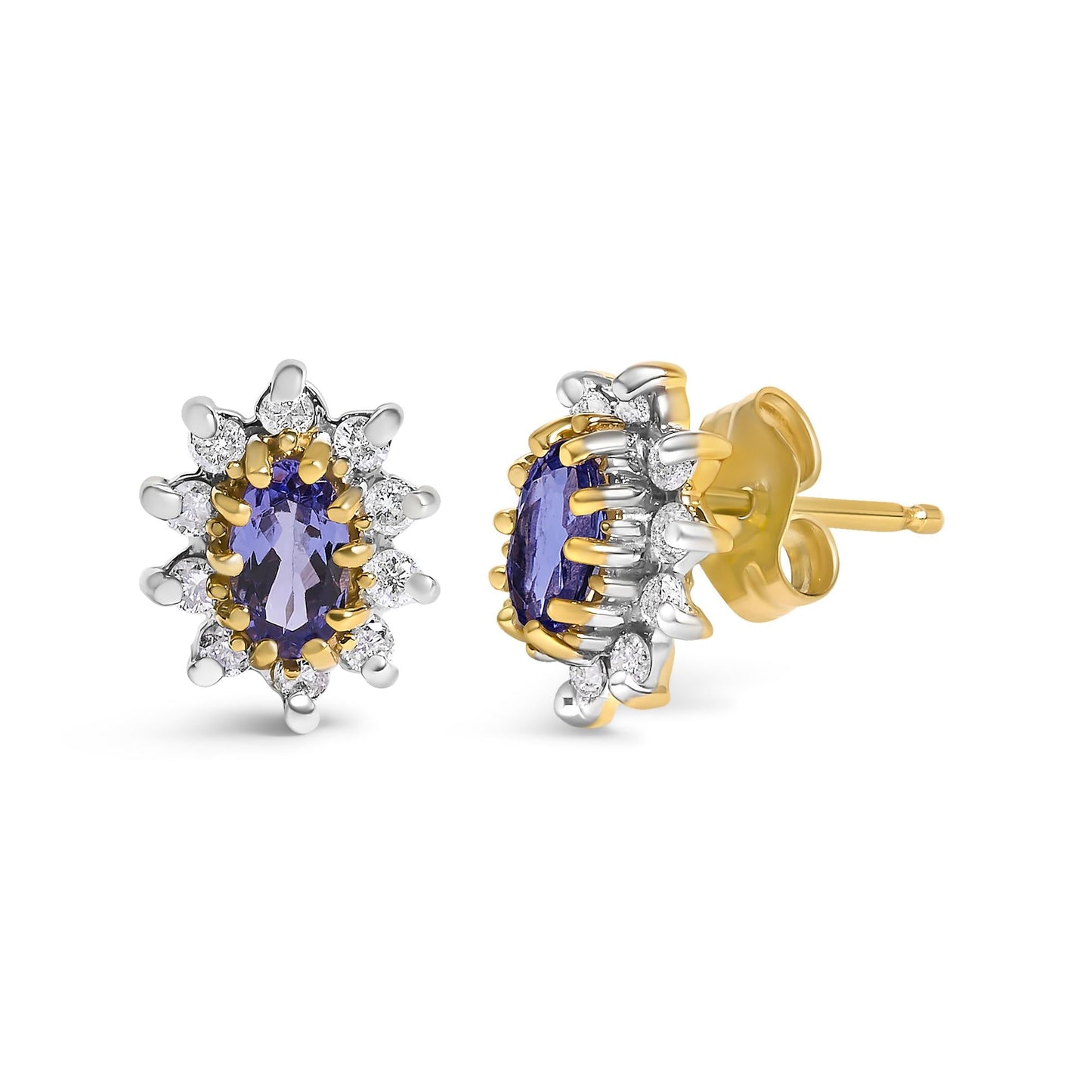 14K Yellow Gold 1/4 Cttw Diamond and Blue Purple Tanzanite Sunburst Halo Stud Earrings (K-L Color, I1-I2 Clarity)