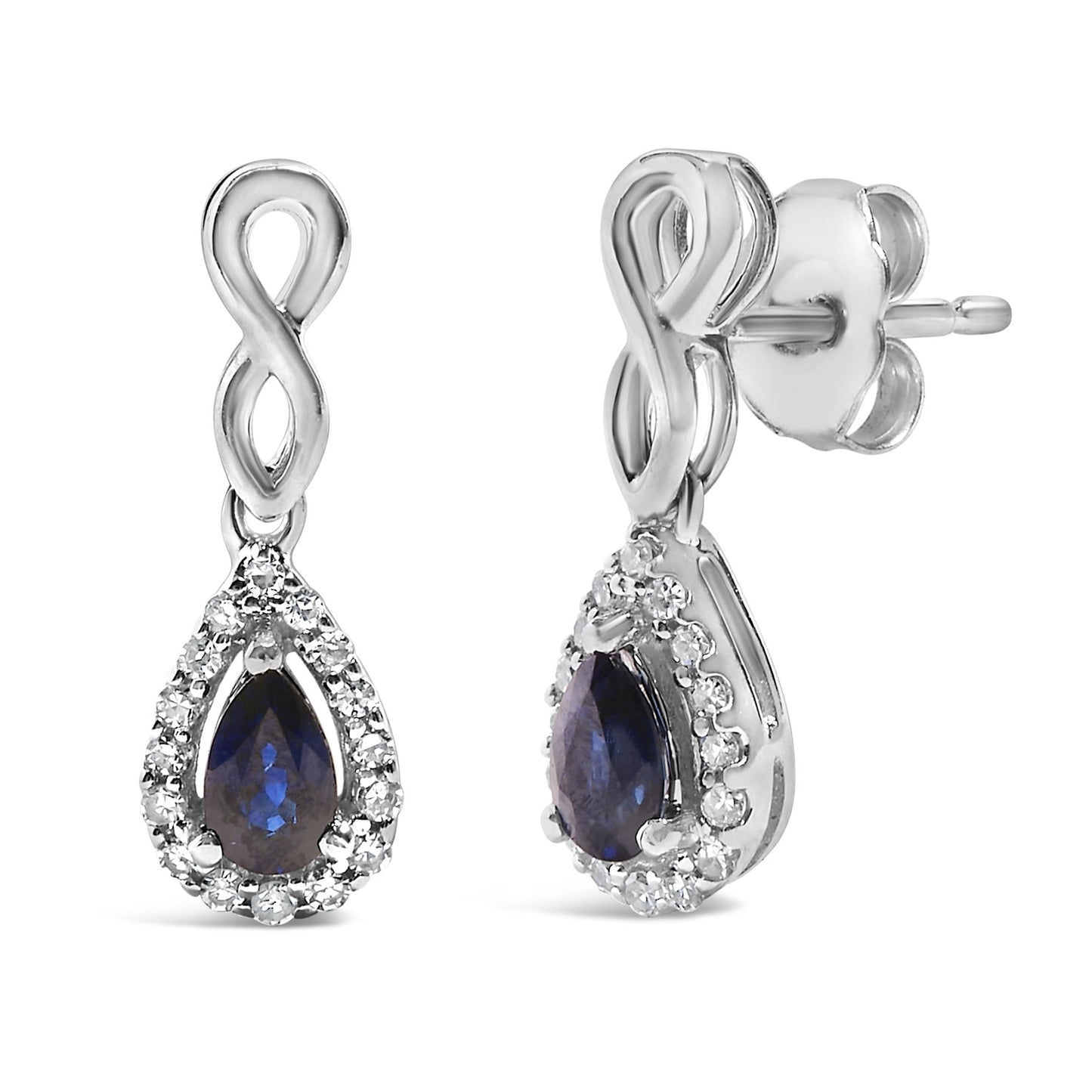 10K White Gold Pear Cut Blue Sapphire and 1/7 Cttw Diamond Infinity Drop and Dangle Earrings (I-J Color, I1-I2 Clarity)