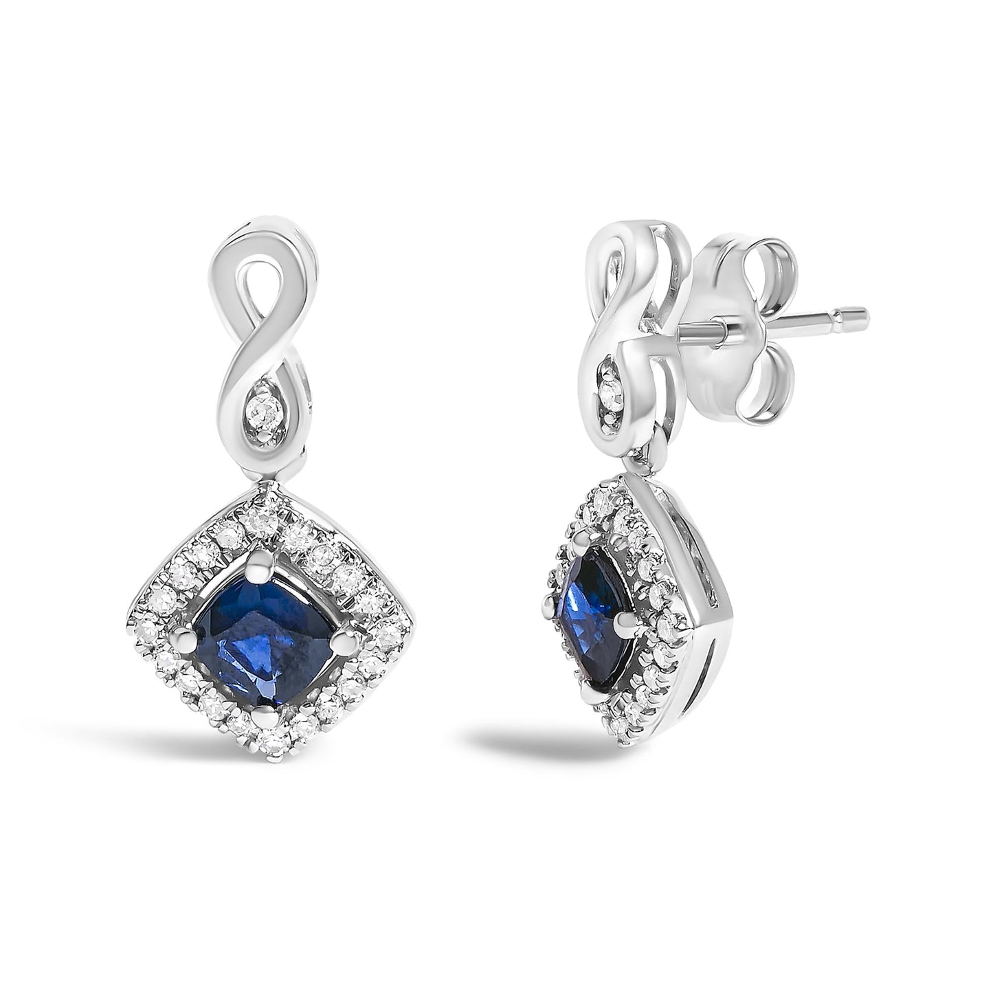 10K White Gold Blue  Sapphire and Diamond Halo Cushion Shaped Drop Earrings (I-J Color, I1-I2 Clarity)