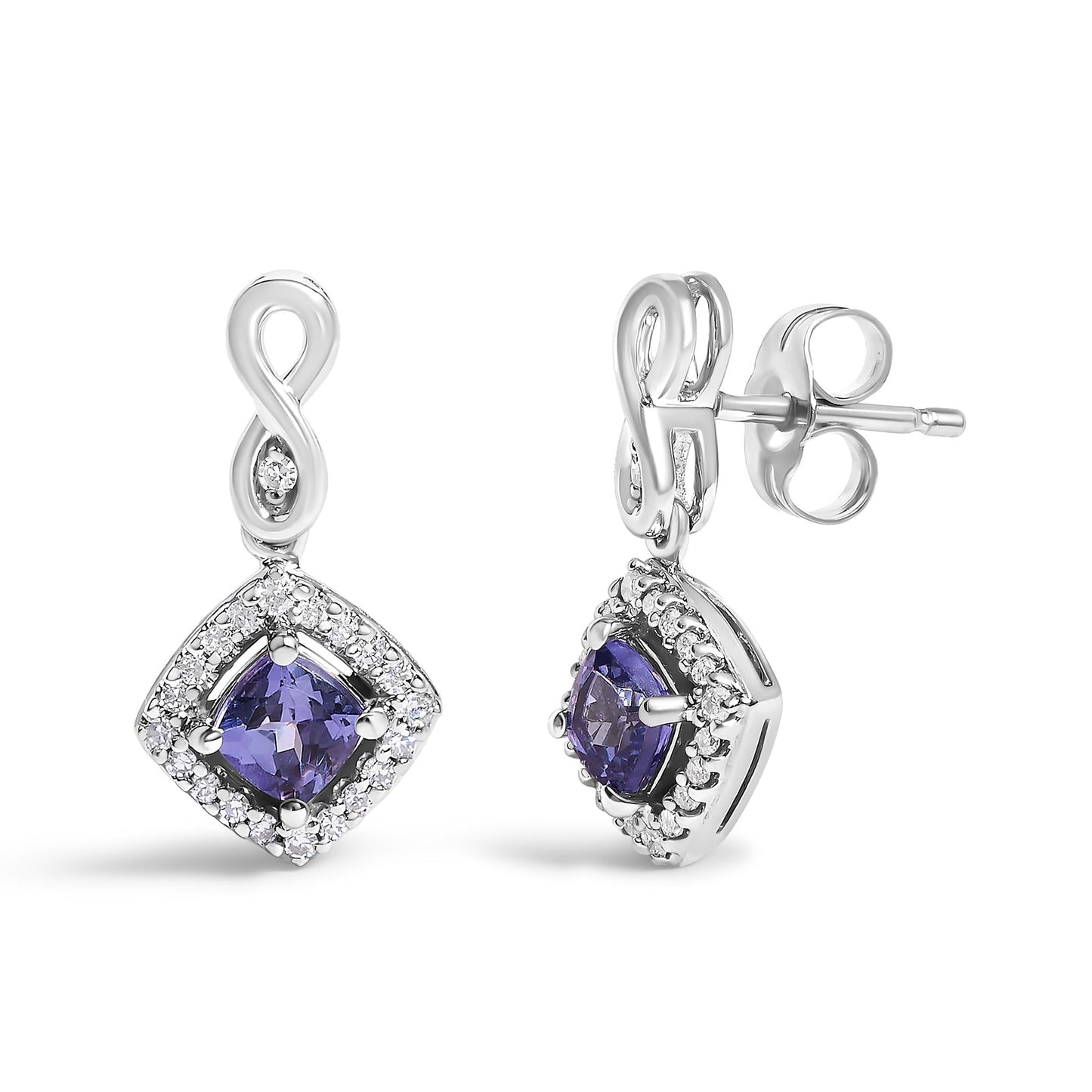 10K White Gold Blue Purple Tanzanite and Diamond Halo Cushion Shaped Drop Earrings (I-J Color, I1-I2 Clarity)