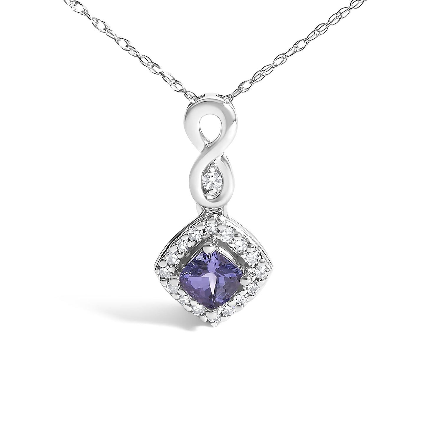 10K White Gold Blue Purple Tanzanite and Diamond Accent Cushion Drop Pendant Necklace - 18" Inches