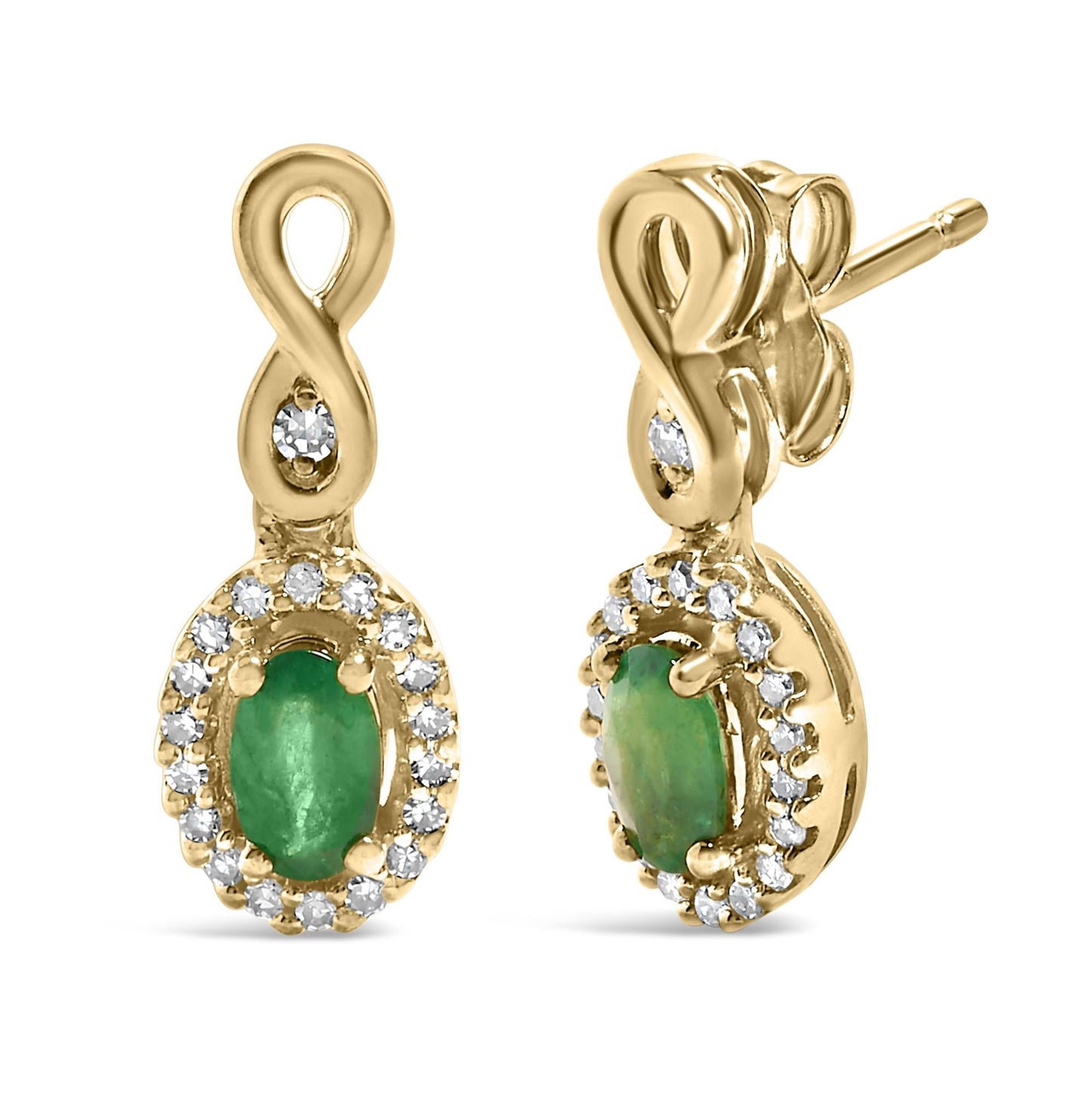 10K Yellow Gold Oval Cut Green Emerald 5x3 mm and 1/7 Cttw Round Diamond Dangle Earrings