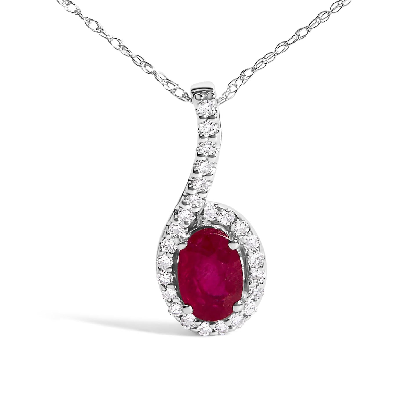 10K White Gold Red Ruby and Diamond Accent Teardrop Pendant Necklace - 18" Inches