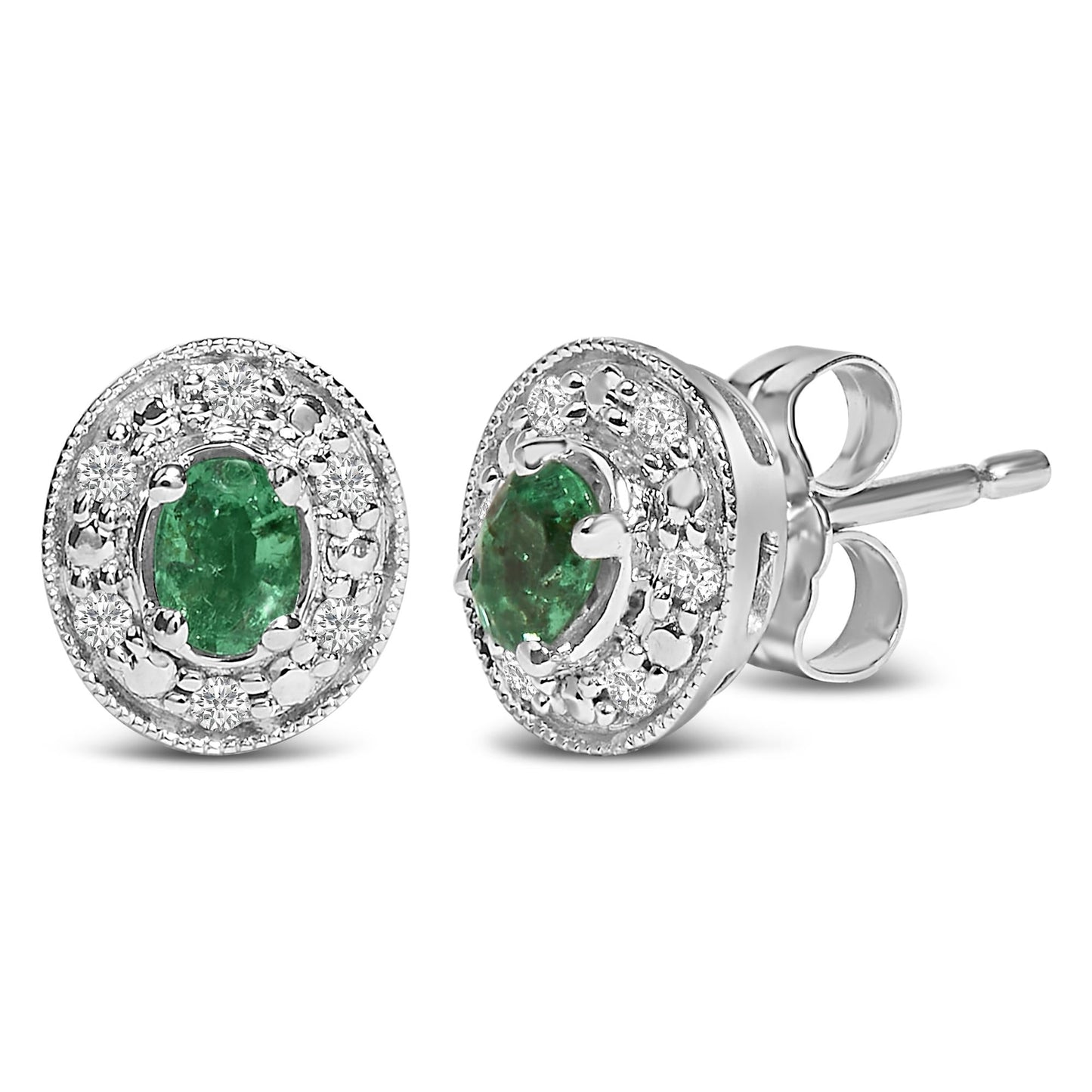 14K White Gold Oval Green Emerald and 1/10 Cttw Diamond Halo Stud Earrings  (I-J Color, I1-I2 Clarity)