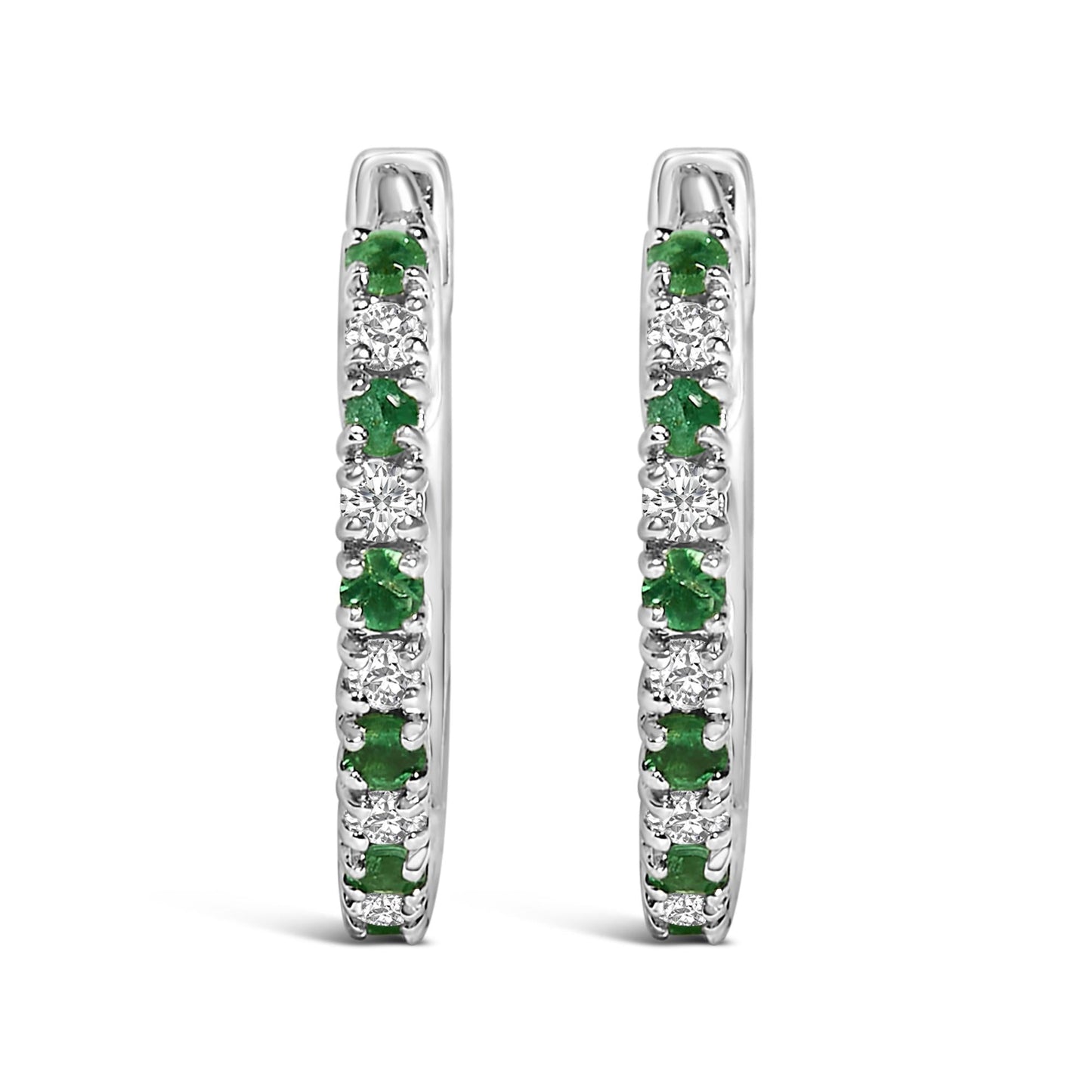 10K White Gold Alternating Emerald 1/10 Cttw Diamond Huggy Hoop Earrings (I-J Color, I1-I2 Clarity)