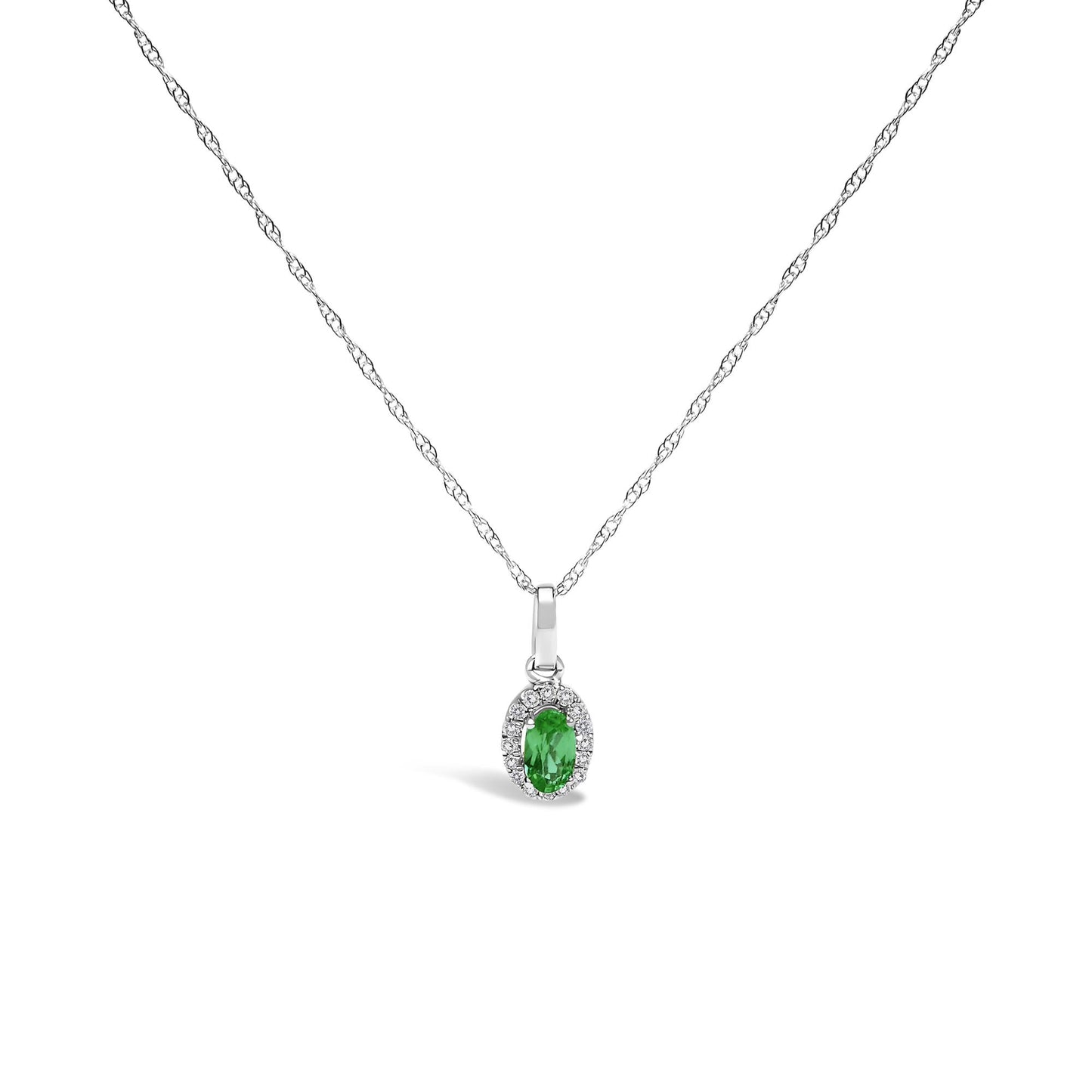 10K White Gold 5x3mm Gemstone and Diamond Accent Halo Oval Shape 18" Pendant Necklace (I-J Color, I1-I2 Clarity)