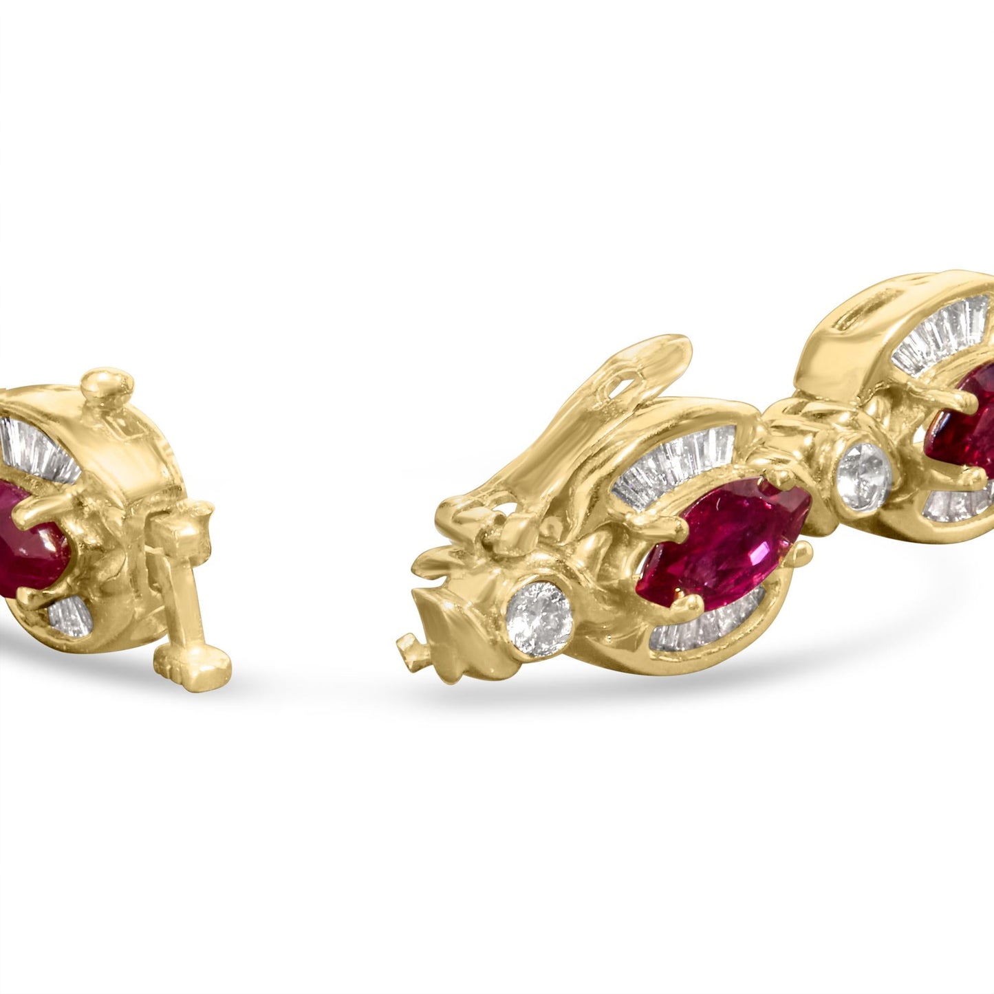 14K Yellow Gold 8x4 MM Marquise Red Ruby and 2.0 Cttw Diamond Vintage Style Oval Link Bracelet - 7.25"