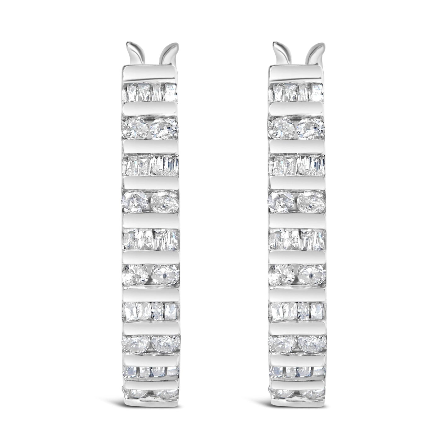 10K White Gold 1.0 Cttw Alternating  Diamond "U" Hoop Earrings (I-J Color, I2-I3 Clarity)