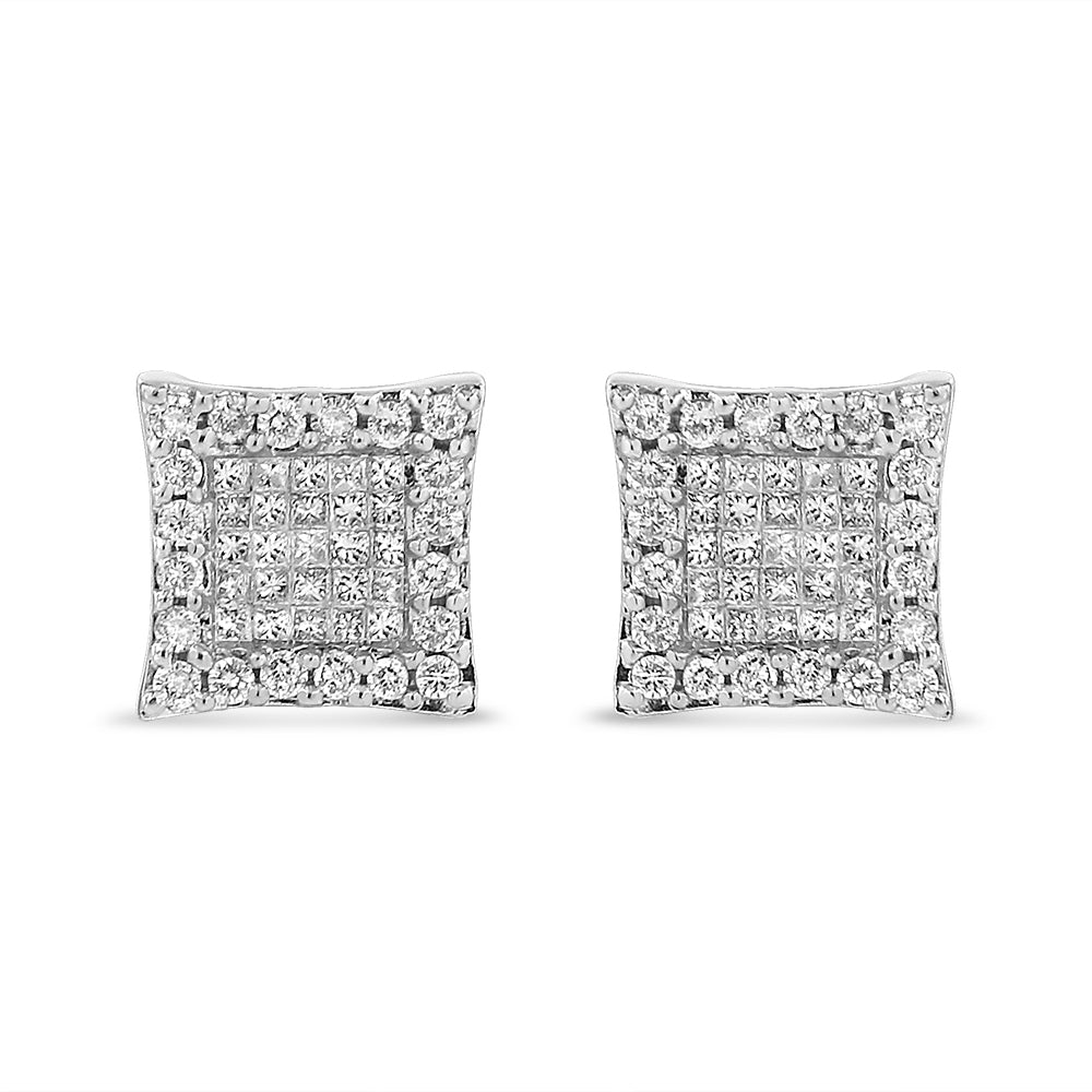 14K White Gold 1.00 Cttw Princess And Round-Cut Diamond Square Stud Earrings (G-H Color, SI1-SI2 Clarity)