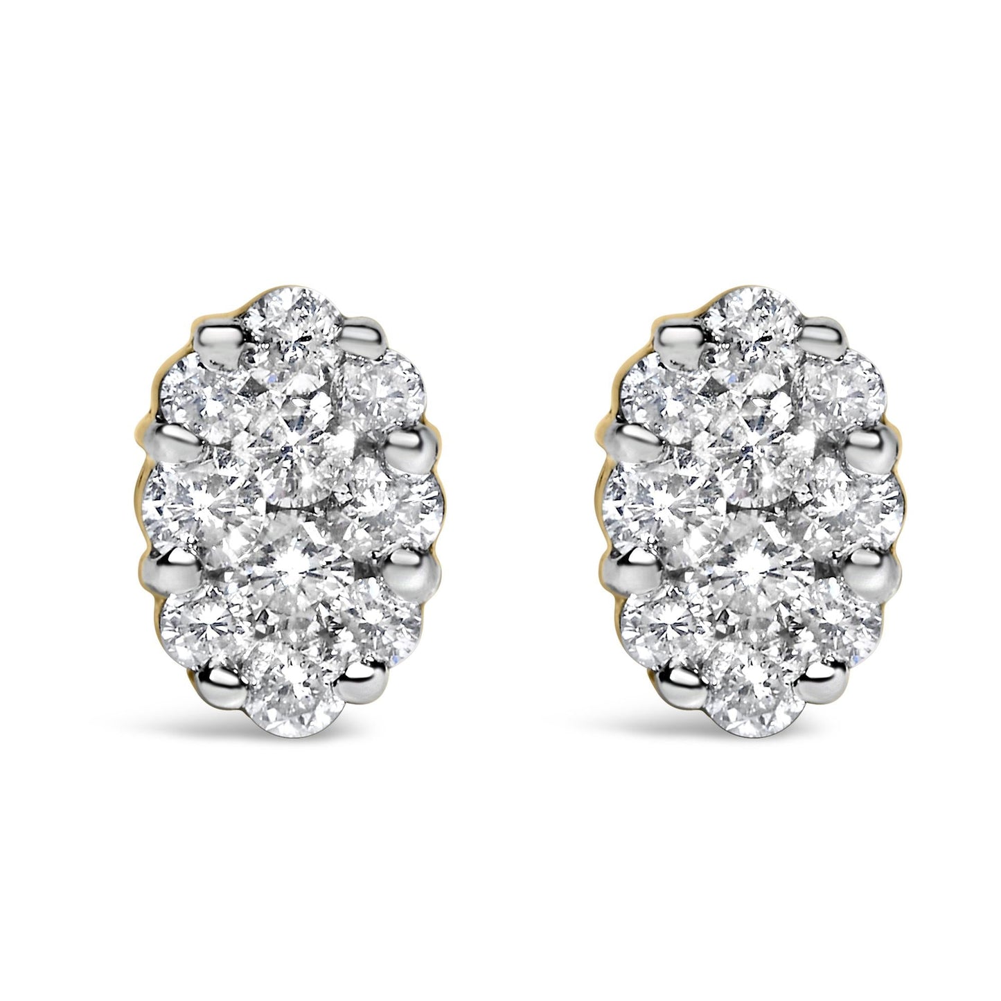 18K Yellow Gold 1.00 Diamond Oval Shaped Composite Cluster Stud Earrings (H-I Color, I1-I2 Clarity)