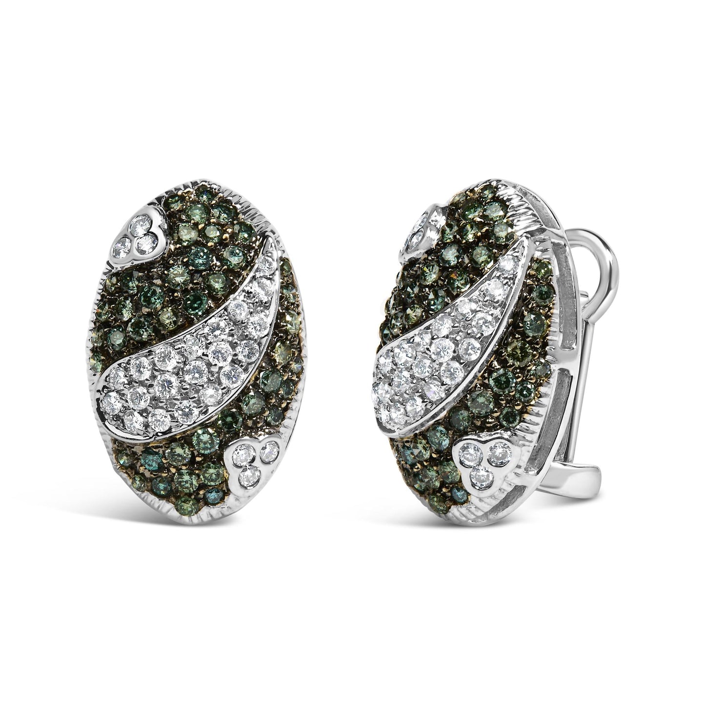 14K White Gold 2.00 Cttw White and Treated Blue Diamond Oval Shield Omega Back Earrings (H-I Color, SI1-SI2 Clarity)