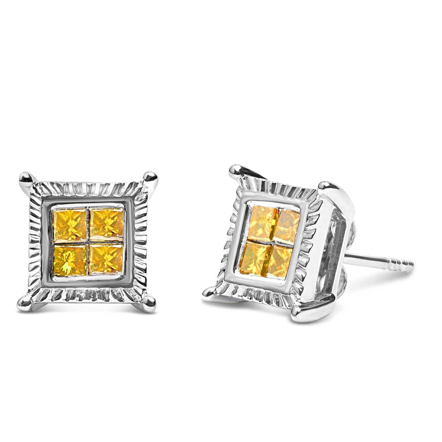 .925 Sterling Silver 1/2 Cttw Yellow Princess Diamond Quad Stud Earring