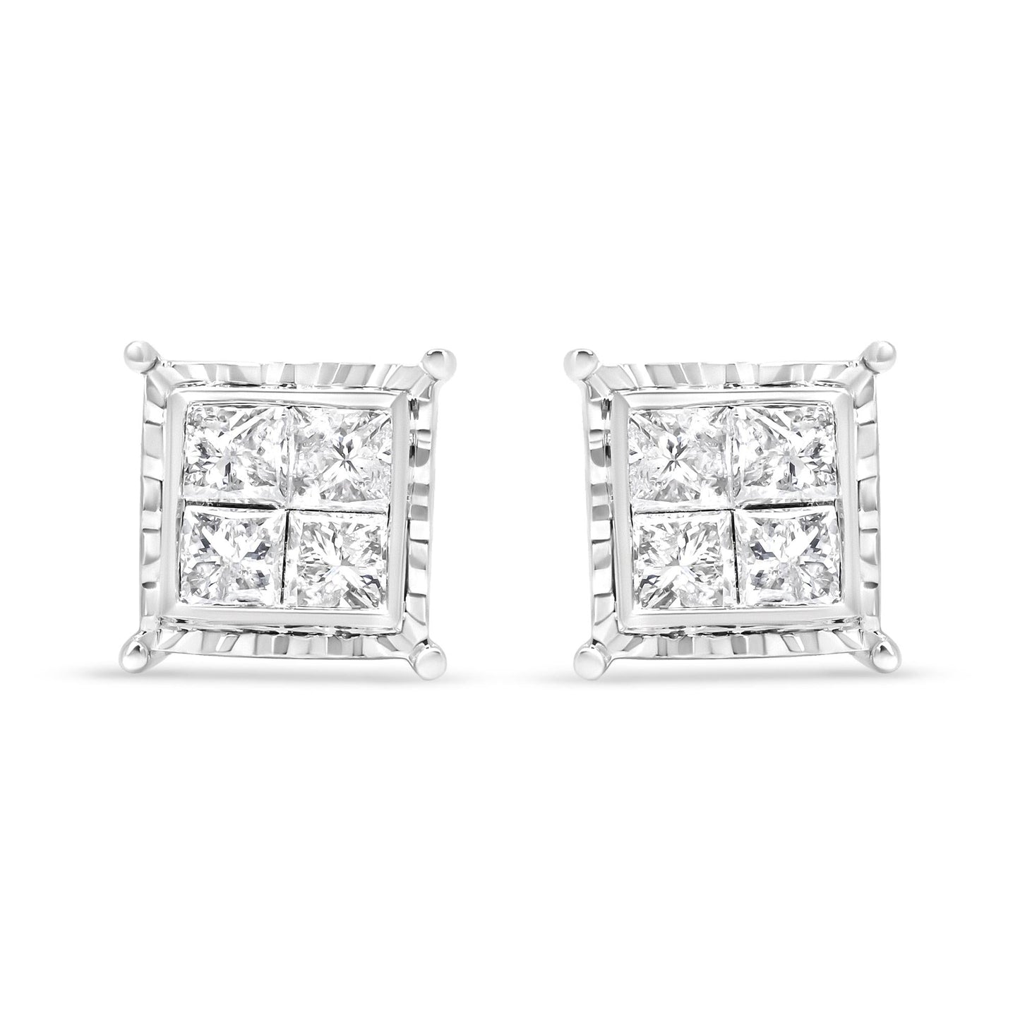 14K White Gold 1 1/2 Cttw Invisible Set Princess-Cut Diamond Contemporary Wavy Quad Stud Earrings (I-J Color, I1-I2 Clarity)