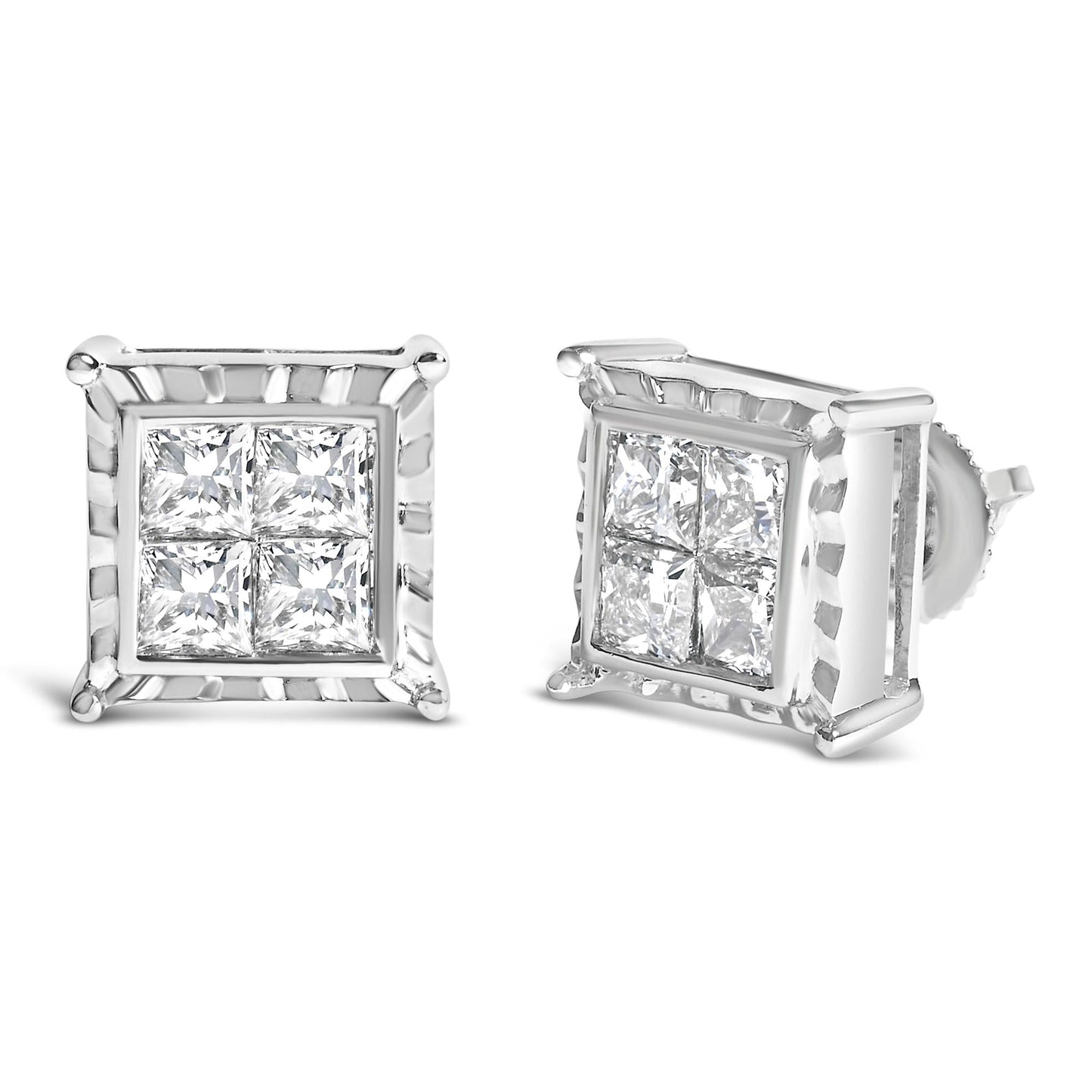 14K White Gold 2.00 Cttw Invisible Set Princess-Cut Lab Grown Diamond Wavy Quad Stud Earrings
