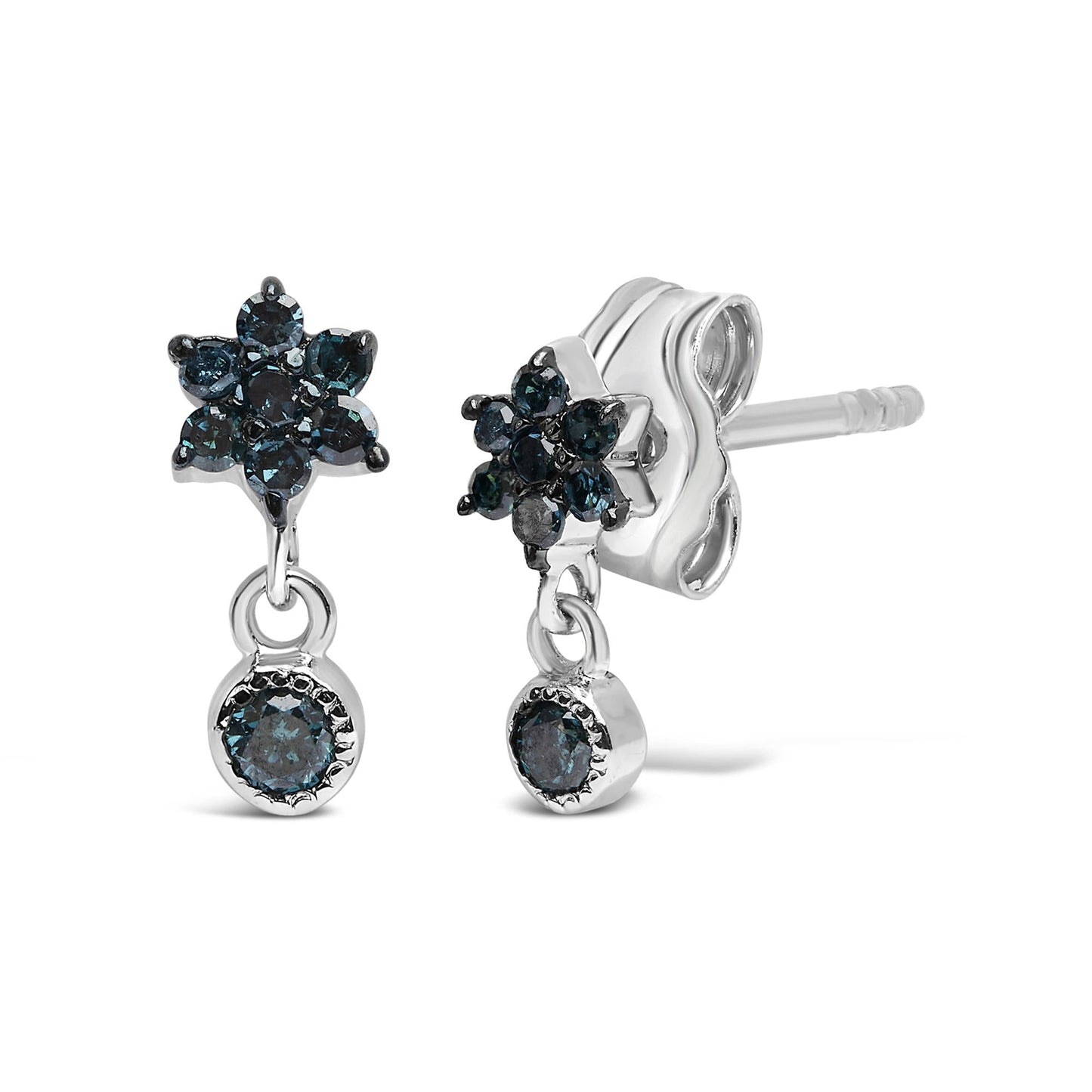 .925 Sterling Silver 1/10 Cttw Blue Diamond Star Stud with Bezel Drop Dangle Earrings (Blue Color, I2-I3 Clarity)