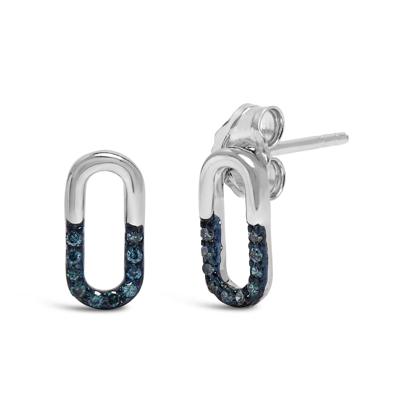 925 Sterling Silver 1/10 Blue Diamond Diamond Paperclip Stud Earrings (Blue, SI1-SI2 Clarity)