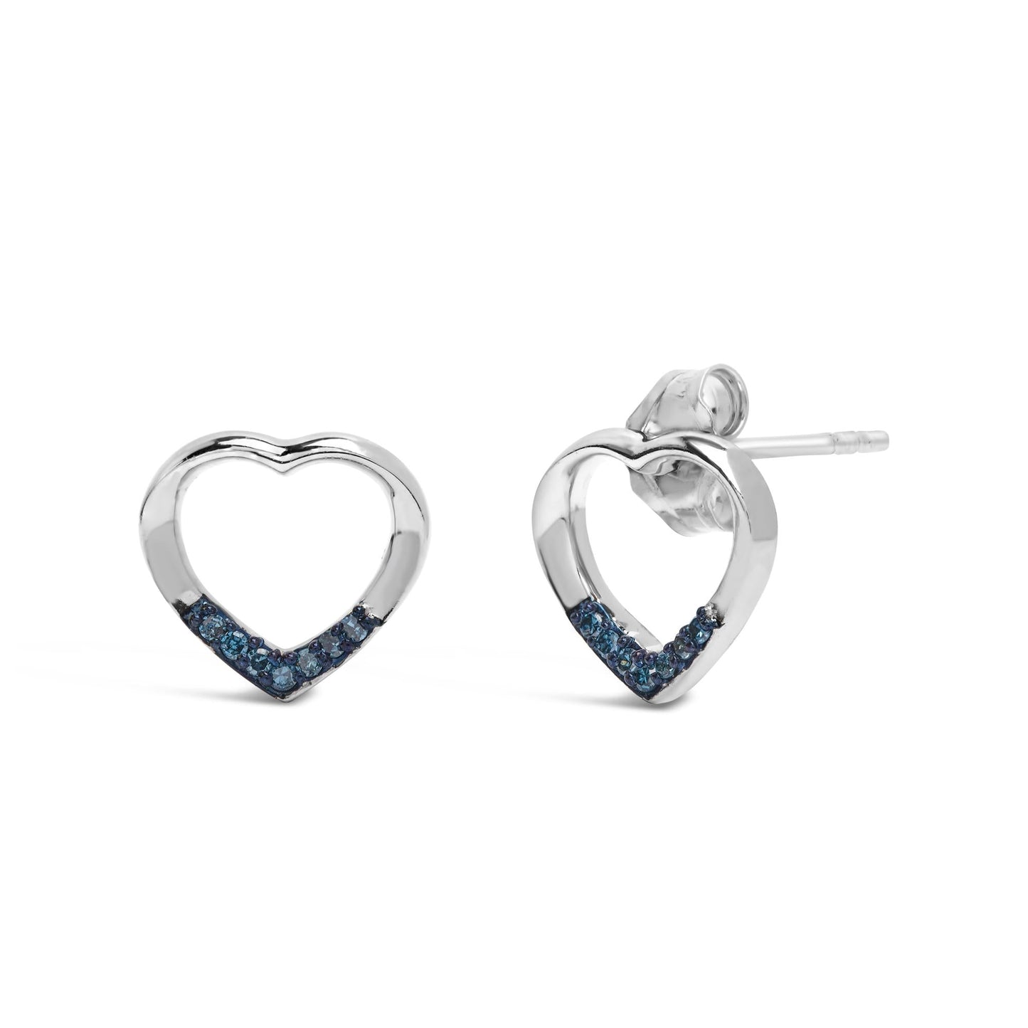 .925 Sterling Silver Blue Diamond Accent Open Heart Stud Earrings (Blue Color, SI1-SI2 Clarity)