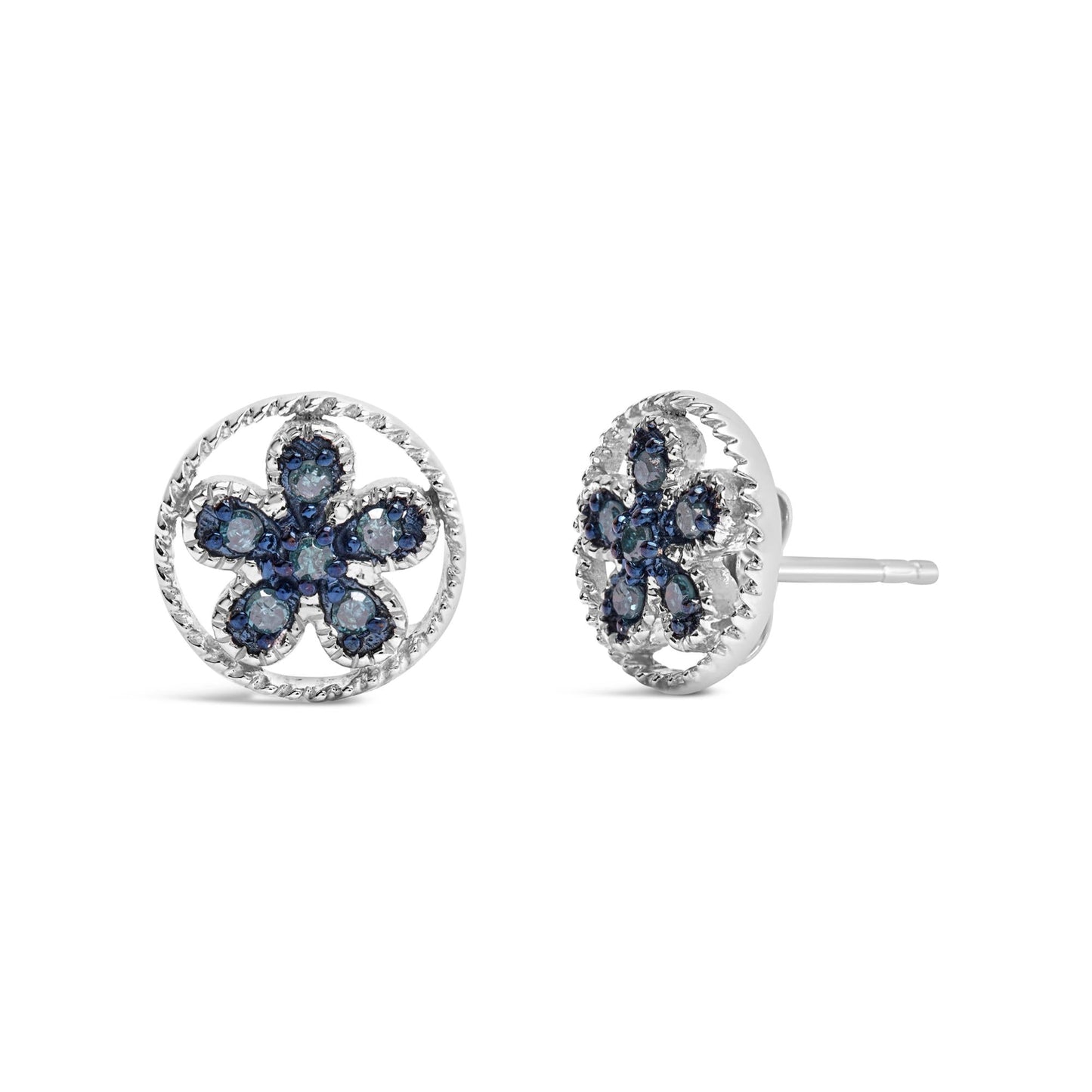.925 Sterling Silver Blue Diamond Accent Star and Wheel Milgrain Style Stud Earrings (Blue Color, I2-I3 Clarity)