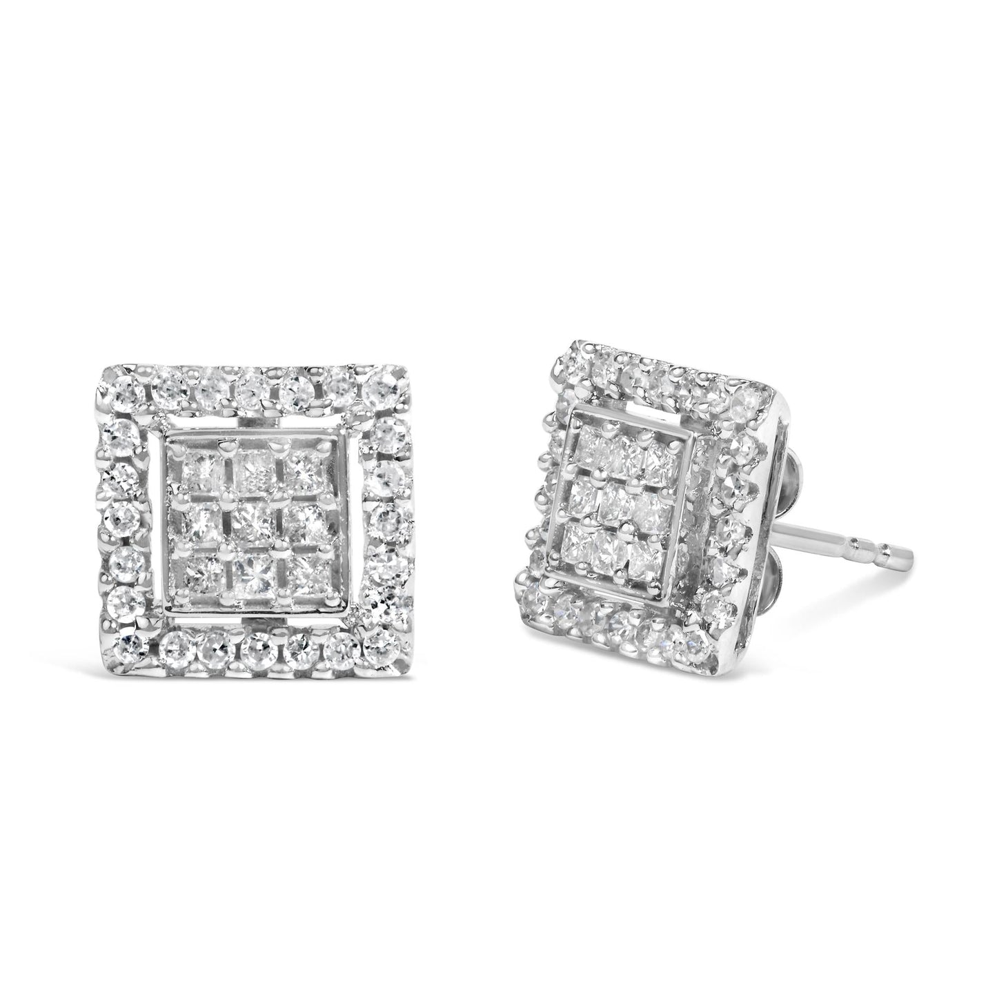 10K White Gold 3/4 Cttw Princess Diamond Composite and Halo Stud Earring (H-I Color, SI2-I1 Clarity)