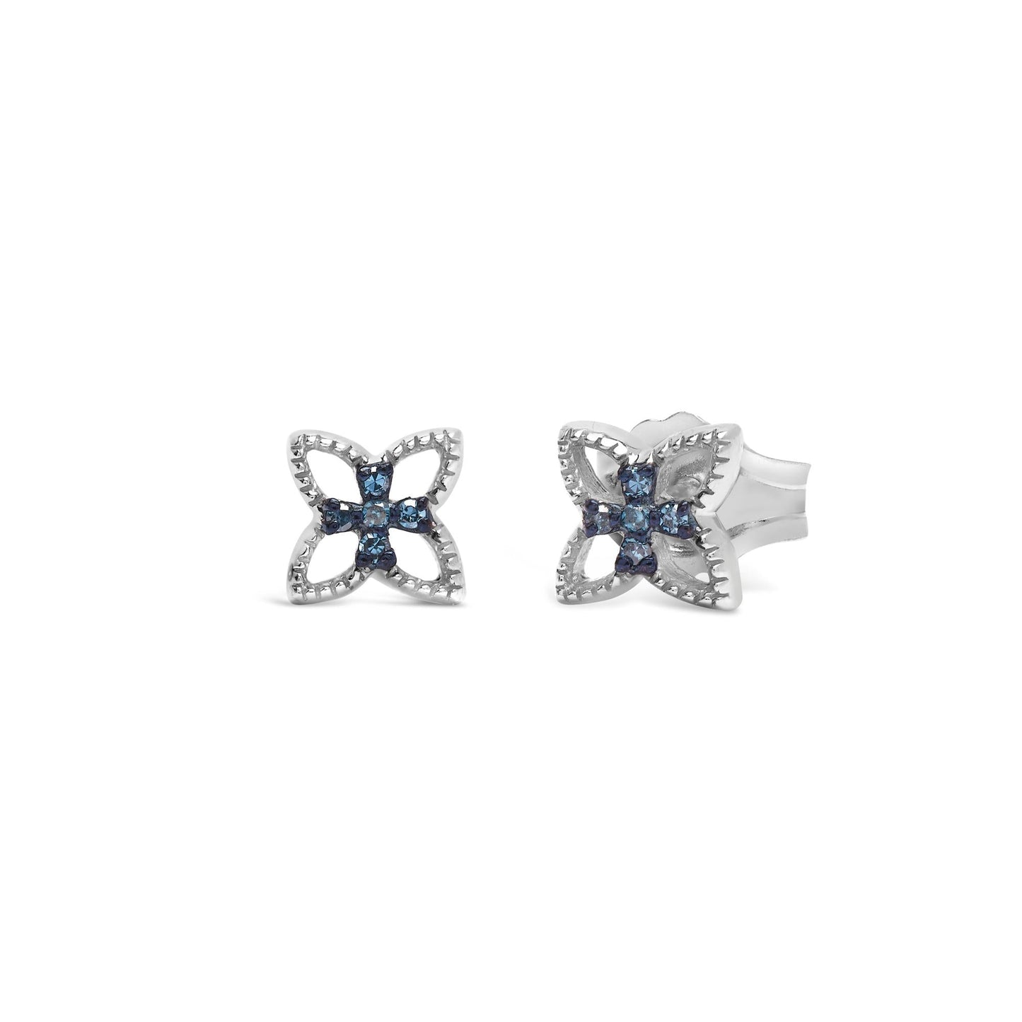 .925 Sterling Silver Blue Diamond Accent 4 Petal Flower Stud Earring (Blue Color, SI1-SI2 Clarity)