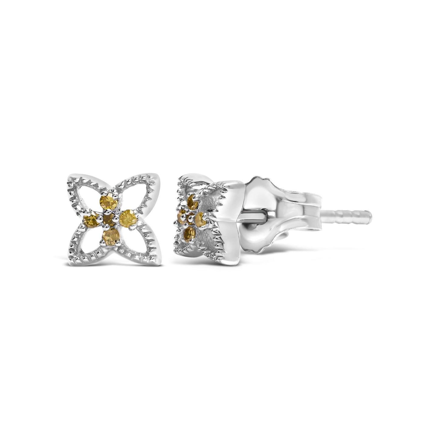 925 Sterling Silver Yellow Diamond Accent 4 Petal Flower Stud Earring (Yellow Color, SI1-SI2 Clarity)