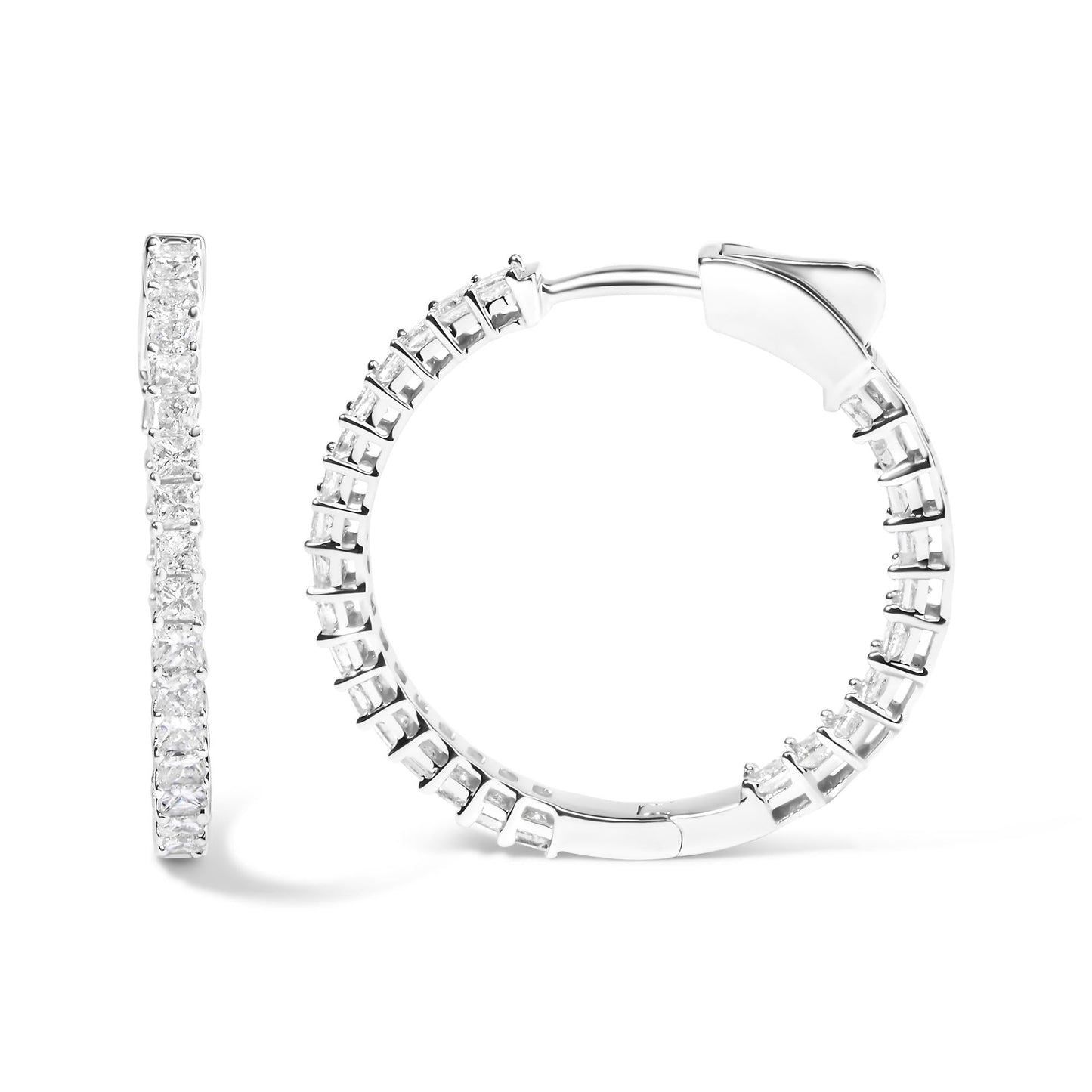 14K White Gold Natural Princess Cut Diamond Inside Out Hoop Earrings (G-H Color, SI2-I1 Clarity)
